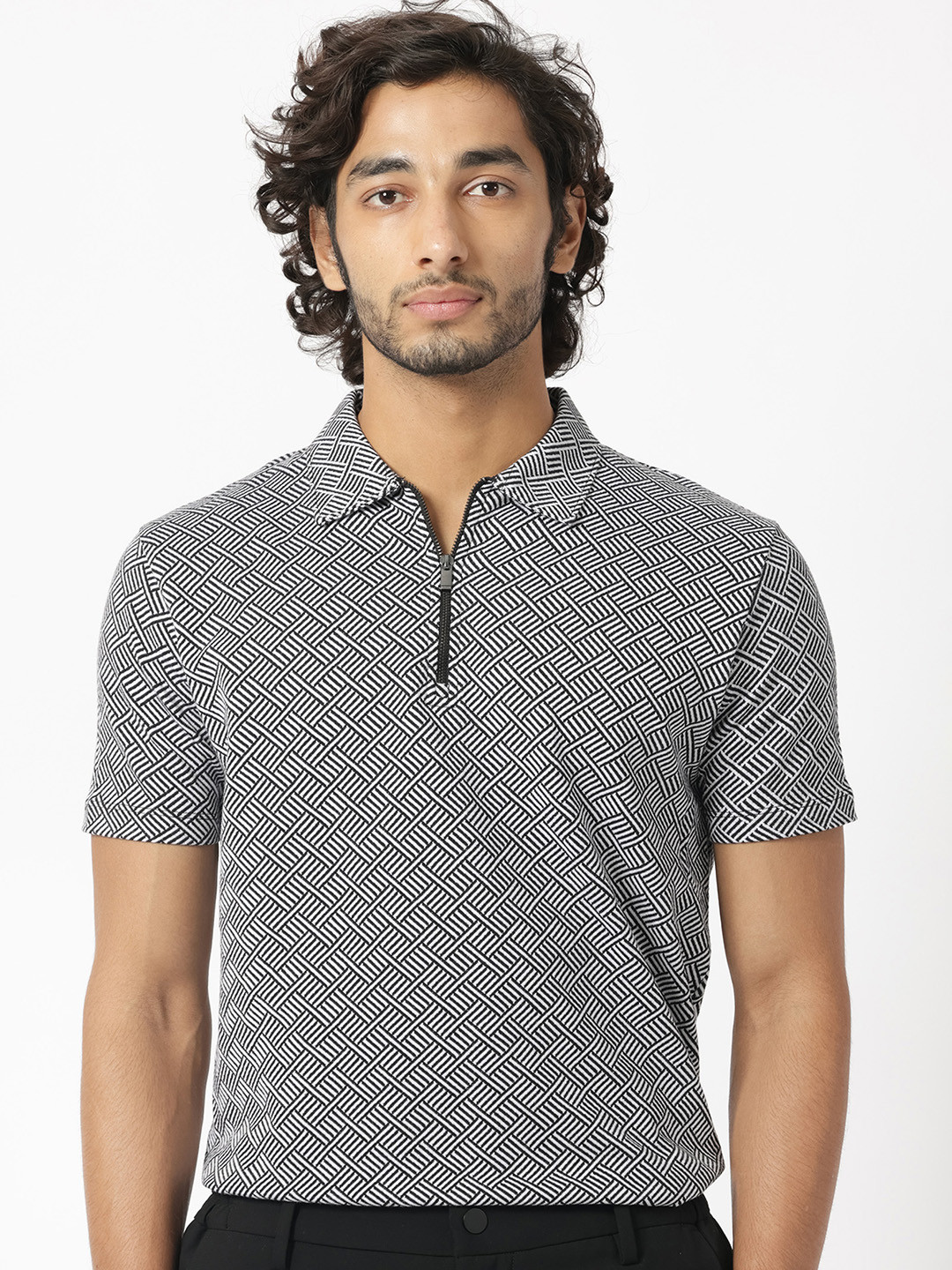 

RARE RABBIT Men Cabetta Geometric Printed Polo Collar Cotton Slim Fit T-Shirt, Black