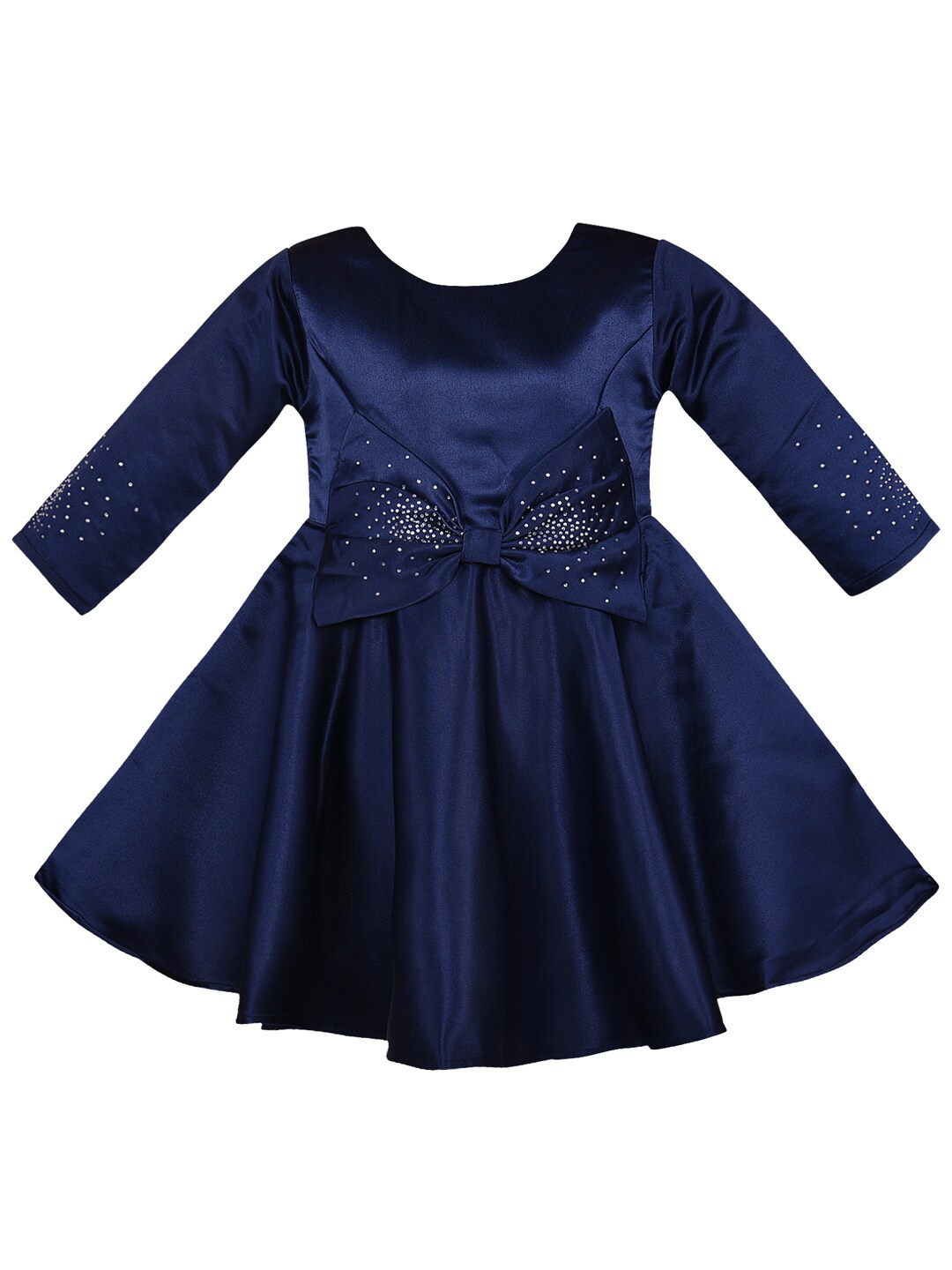 

Wish Karo Girls Bow Detailed Round Neck Silk Fit & Flare Dress, Navy blue