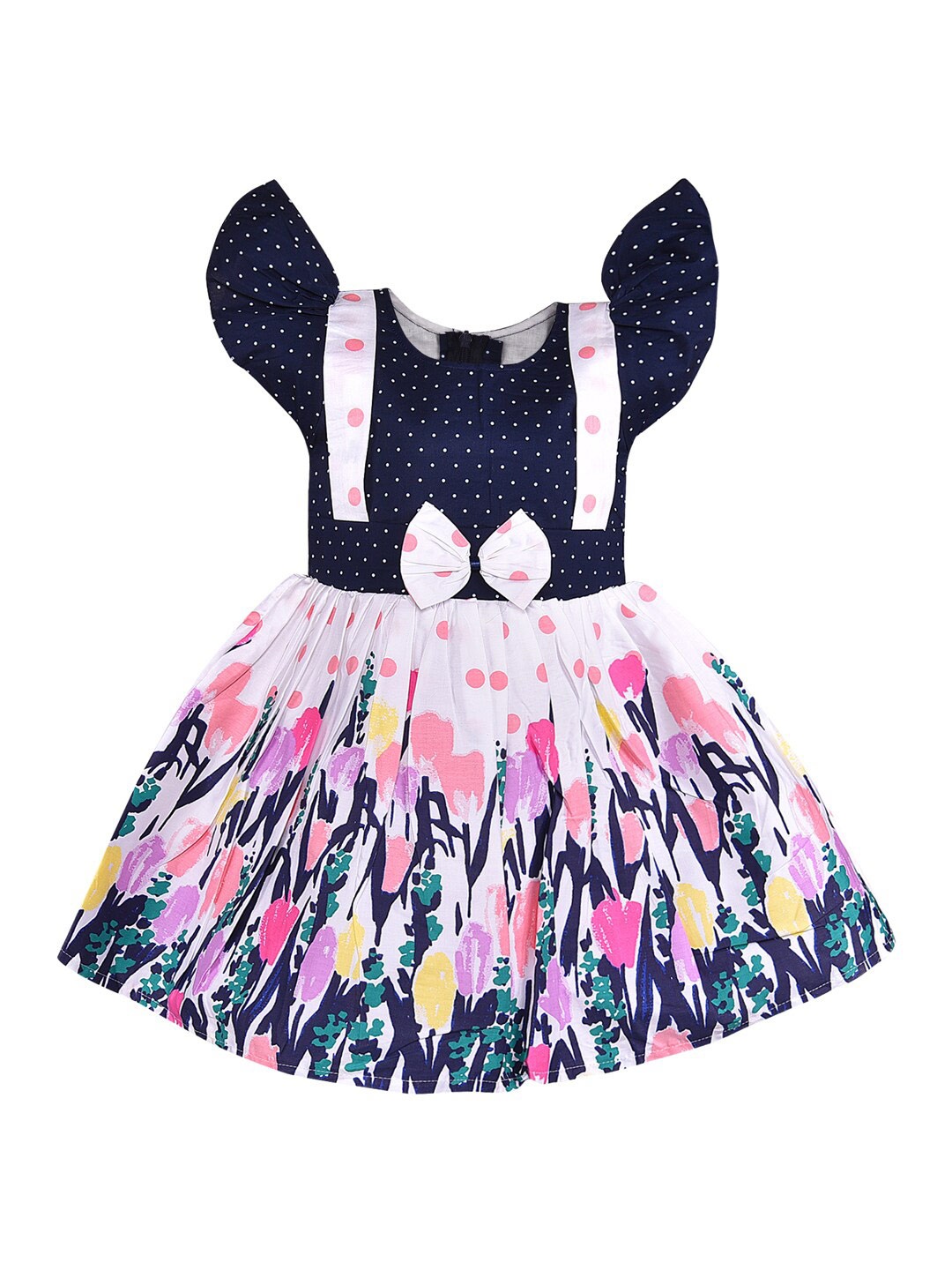 

Wish Karo Girls Polka Dot Printed Bow Detailed Flared Sleeves Fit & Flare Dress, Navy blue