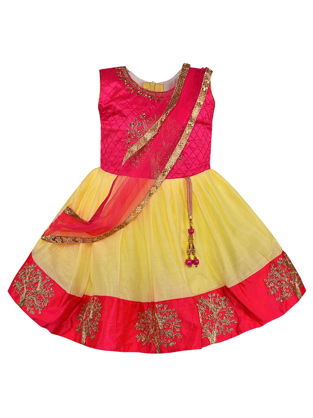 

Wish Karo Girls Ethnic Motifs Embellished Satin Fit & Flare Dress, Yellow