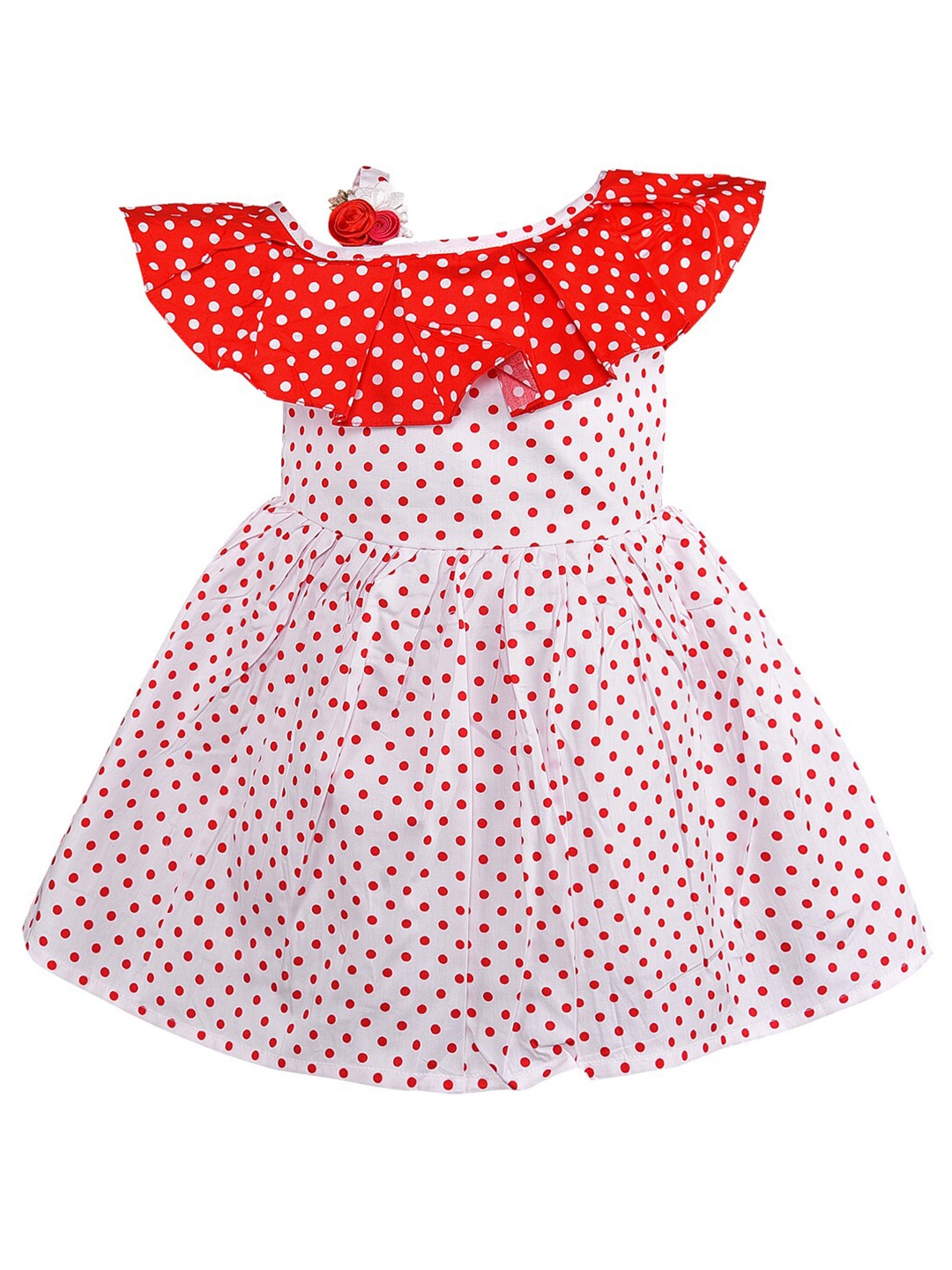 

Wish Karo Kids Girls Polka Dot Printed Off-Shoulder Cold-Shoulder Fit & Flare Dress, Red