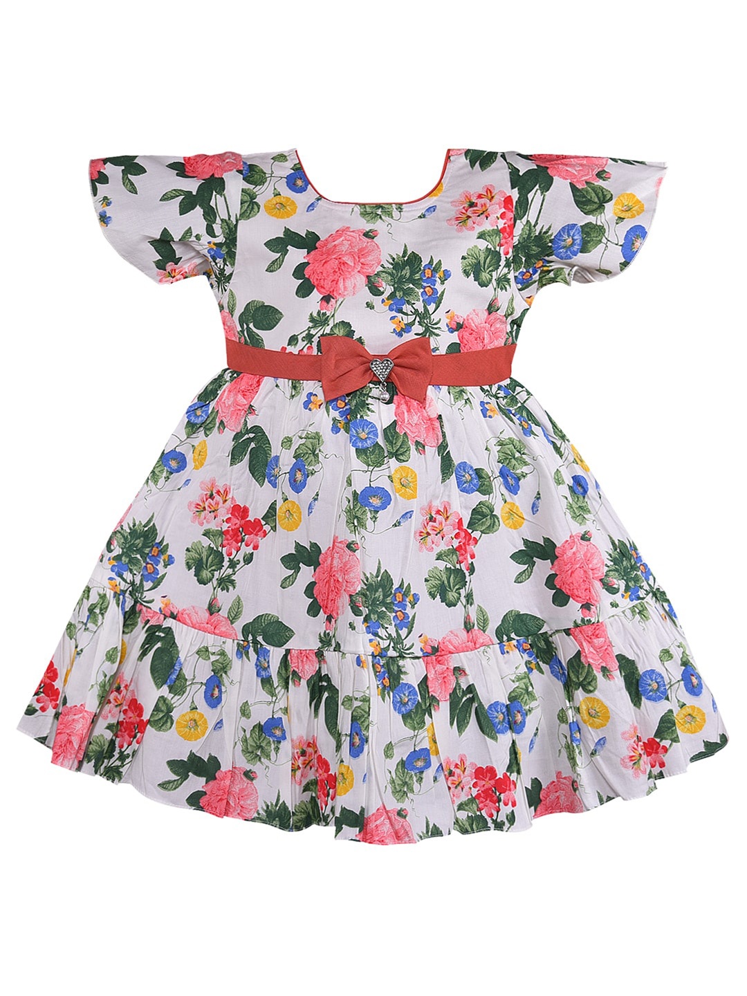 

Wish Karo Girls Floral Printed Bow Detailed Fit & Flare Cotton Dress, White