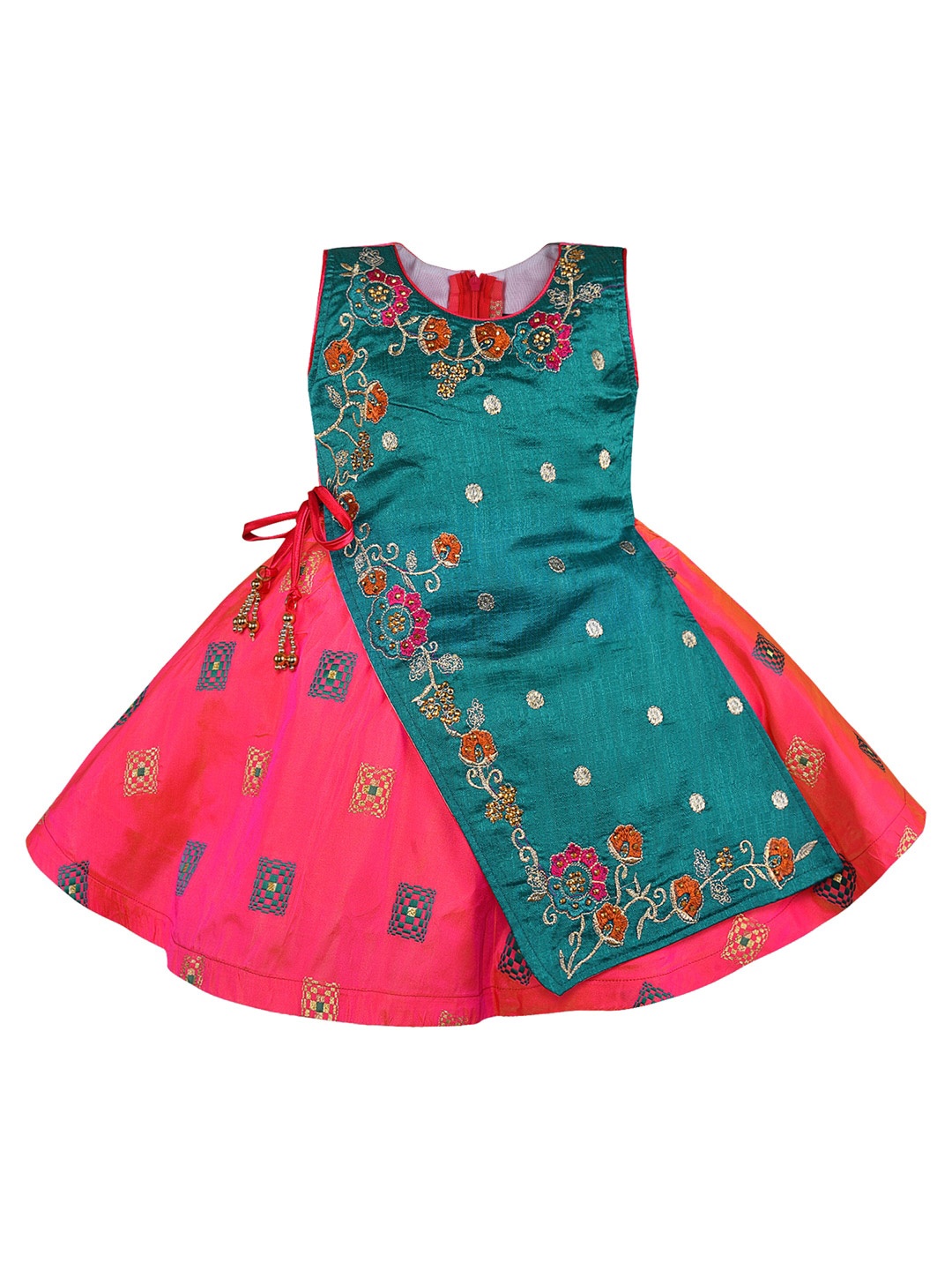 

Wish Karo Girls Floral Embroidered Satin Fit & Flare Dress, Green