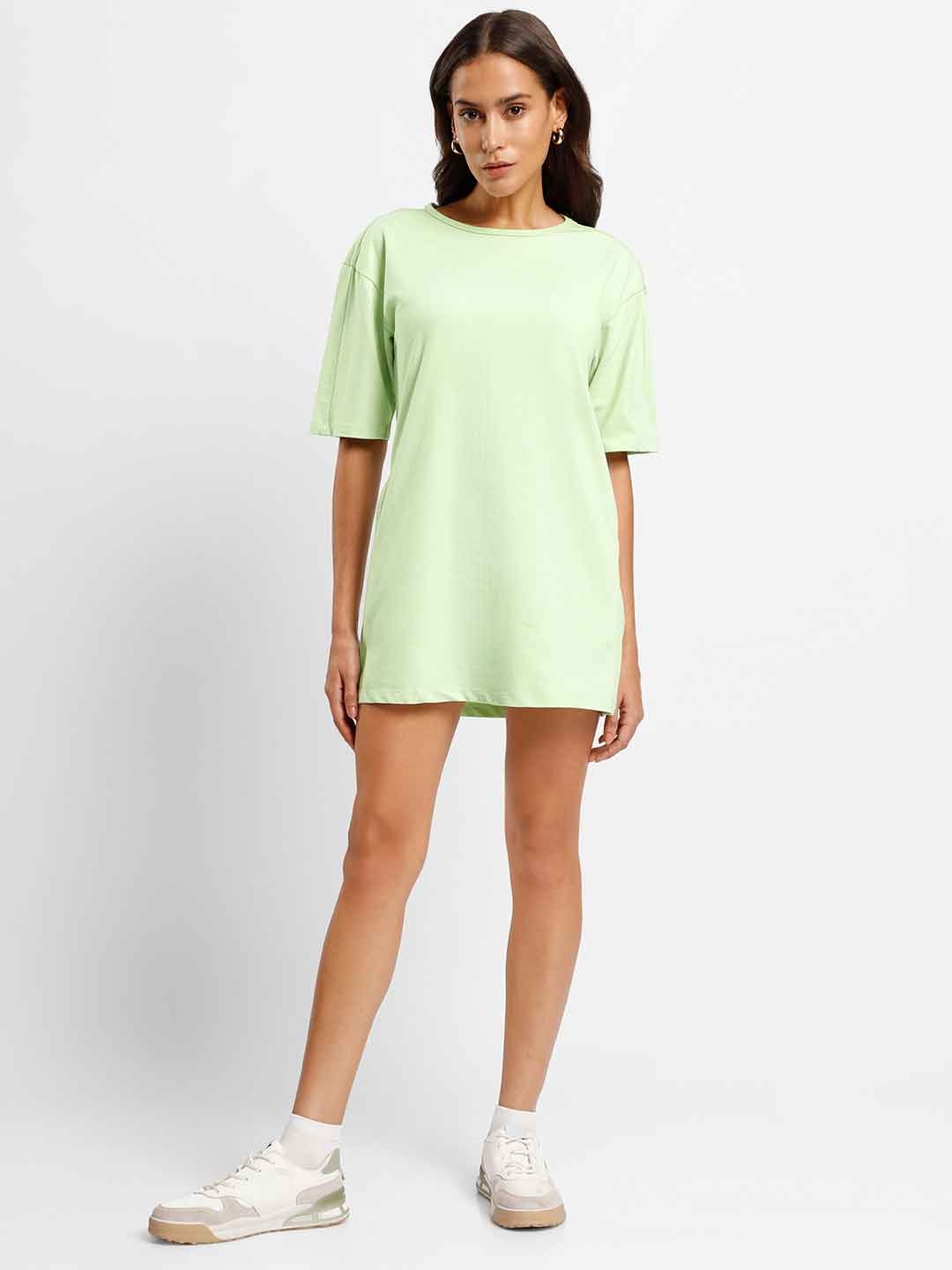 

NOBERO Round Neck Drop Shoulder Cotton T-shirt Mini Dress, Green