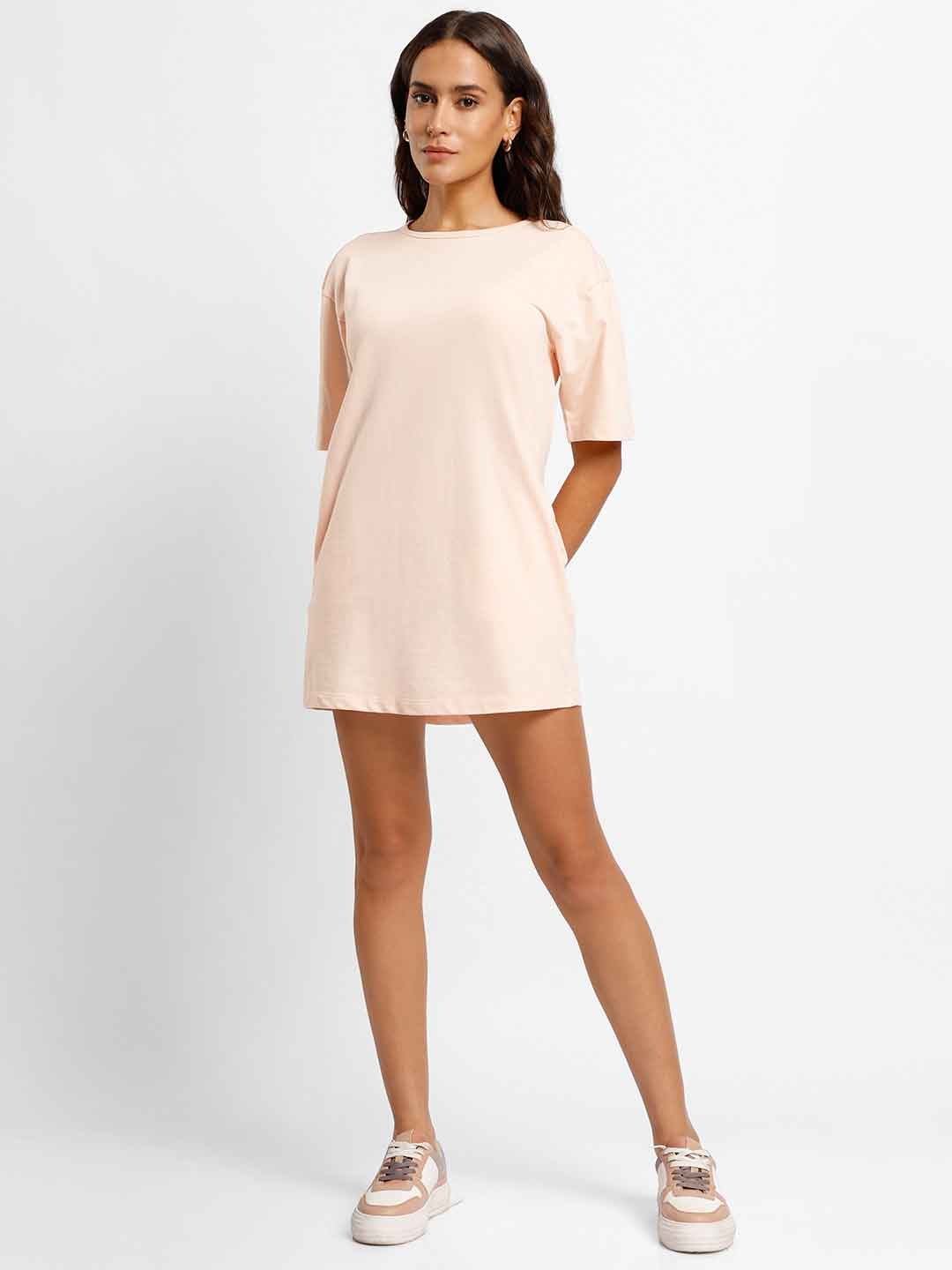 

NOBERO Round Neck Drop Shoulder Cotton T-shirt Mini Dress, Pink