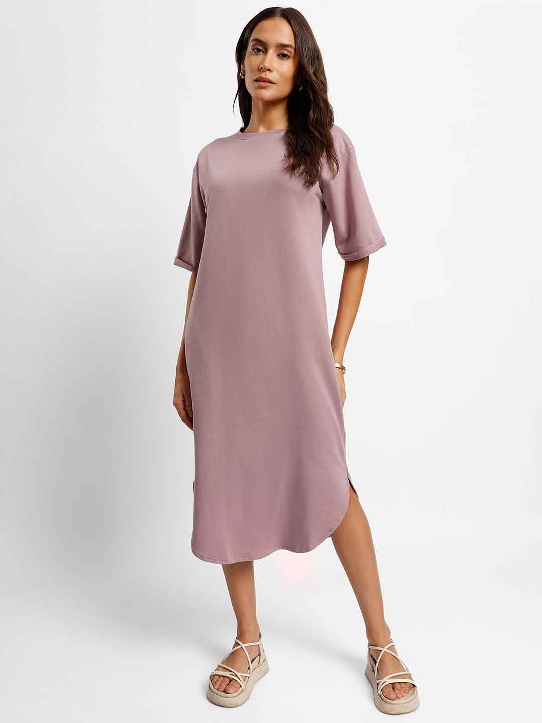 

NOBERO Round Neck Drop Shoulder Cotton T-shirt Midi Dress, Mauve