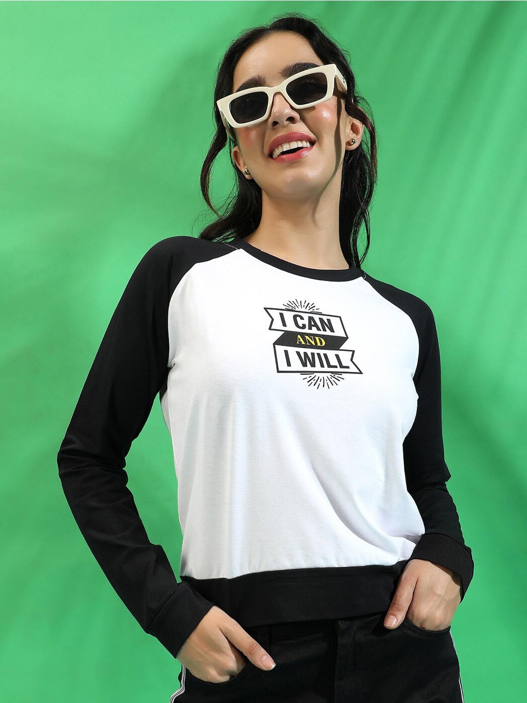 

Campus Sutra Typography Printed Raglan Sleeves Cotton Top, Black