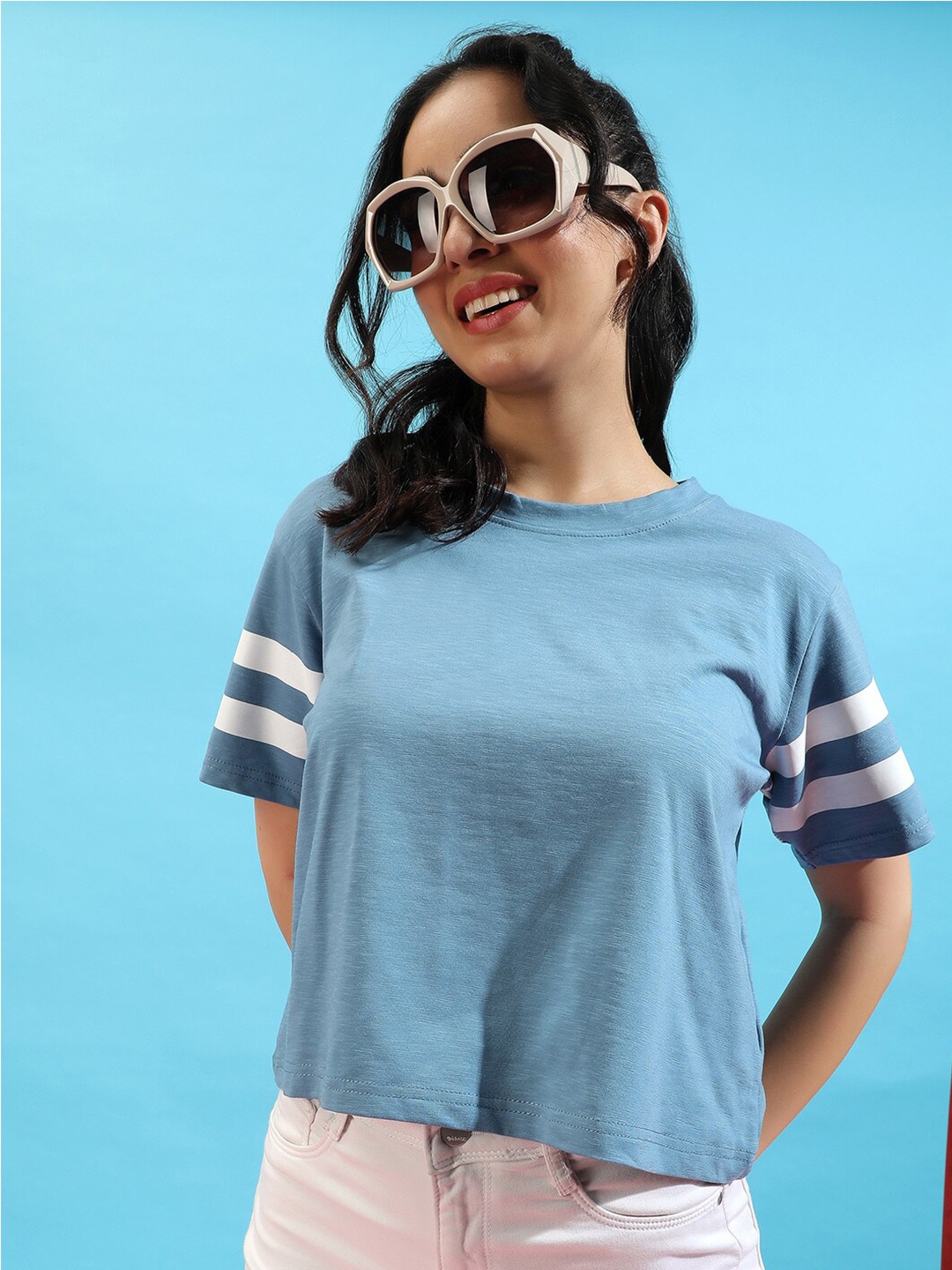 

Campus Sutra Round Neck Boxy Cotton Top, Blue