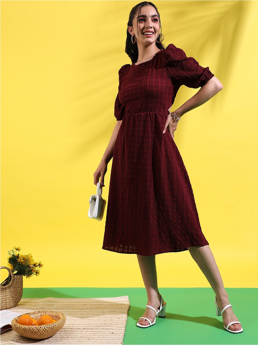 

Campus Sutra Maroon Checked Puff Sleeves Cut-Outs Fit & Flare Midi Dress