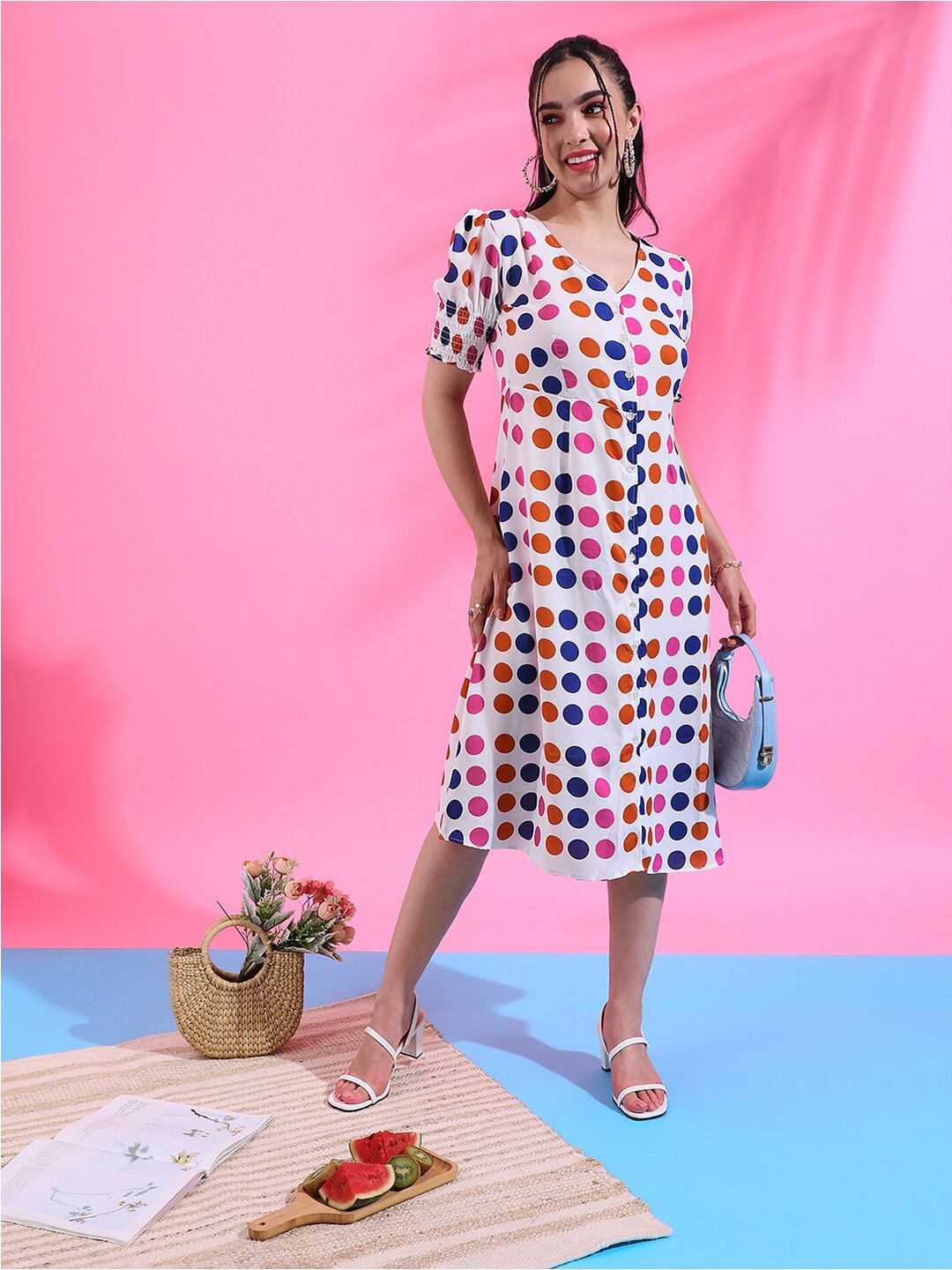

Campus Sutra White Polka Dots Printed V-Neck Puff Sleeves Smocked A-Line Midi Dress