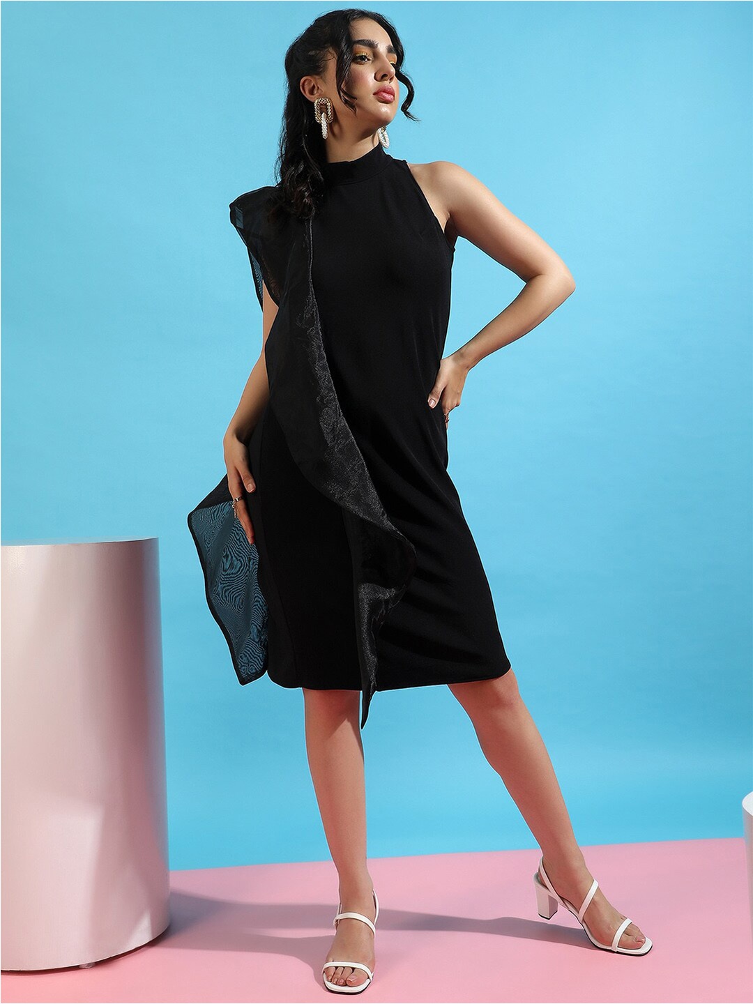 

Campus Sutra Black Halter Neck Ruffles Sheath Dress