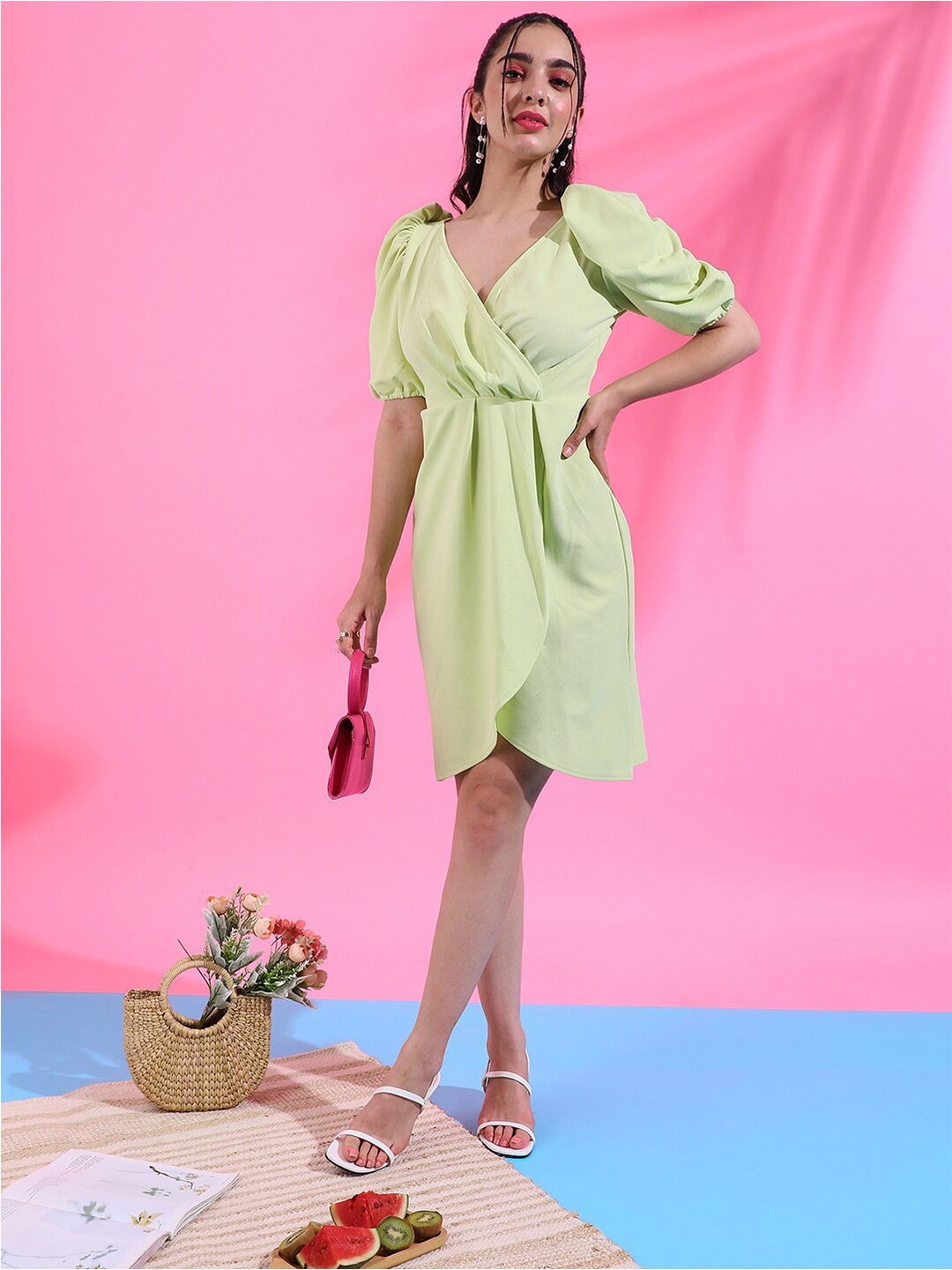 

Campus Sutra Green Ruched Sleeves V-Neck Gathered Wrap Dress