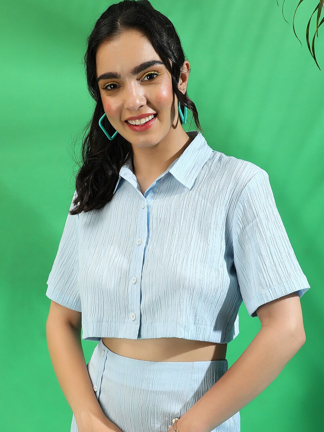 

Campus Sutra Light Blue Self Design Crop Shirt & Mini Skirt Co-Ord Set