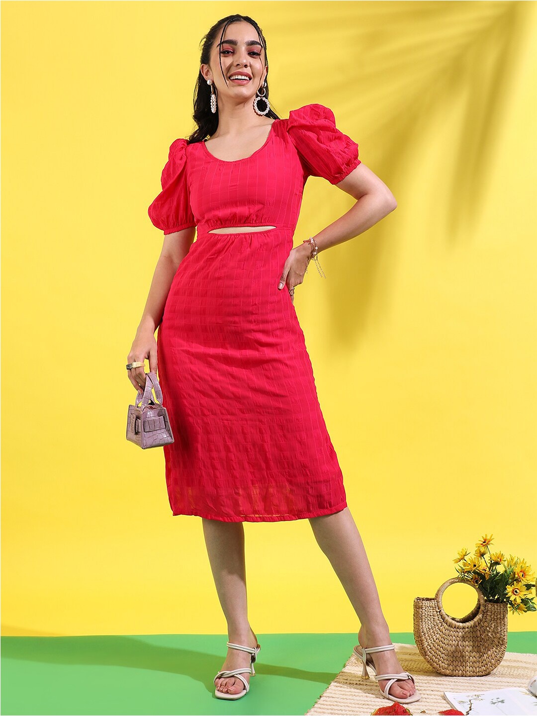 

Campus Sutra Red Checked Puff Sleeves Cut-Outs Sheath Dress