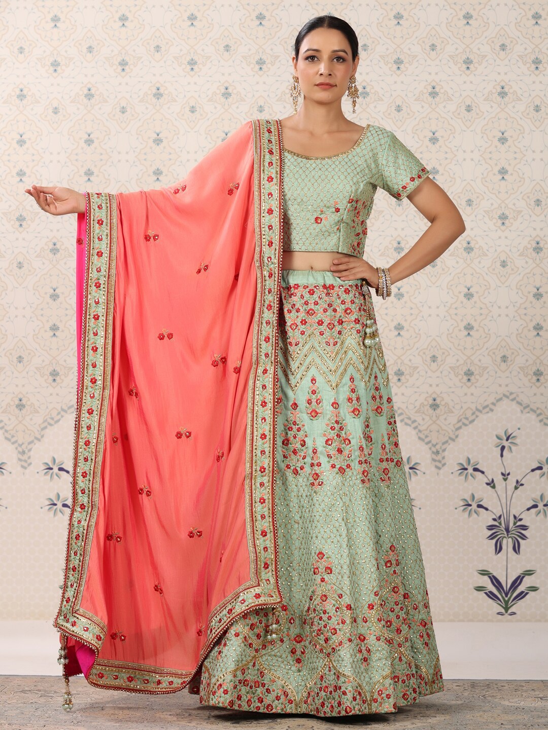 

Ode by House of Pataudi Embroidered Semi-Stitched Lehenga & Unstitched Blouse With Dupatta, Green