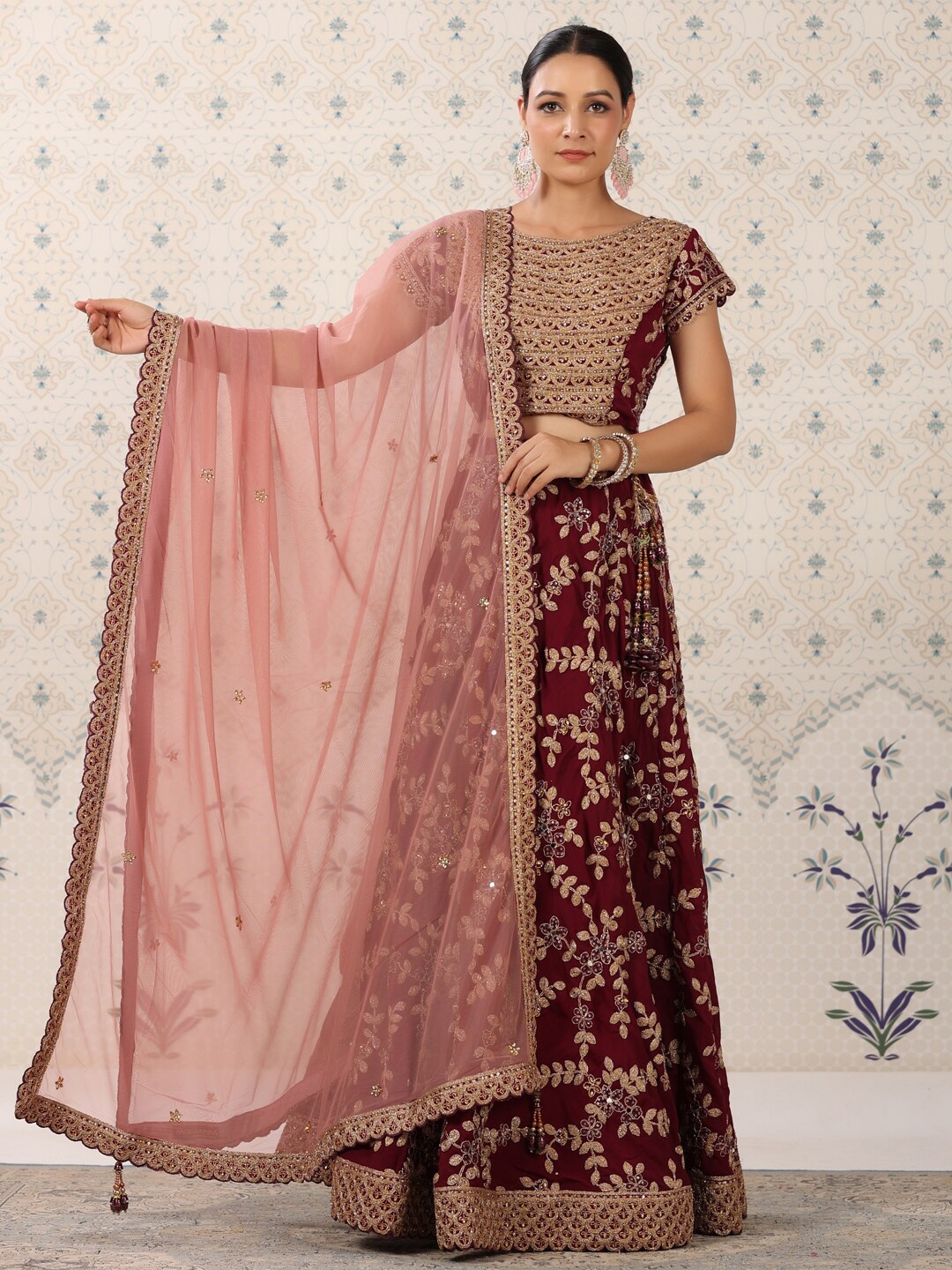 

Ode by House of Pataudi Embroidered Semi-Stitched Lehenga & Unstitched Blouse With Dupatta, Maroon