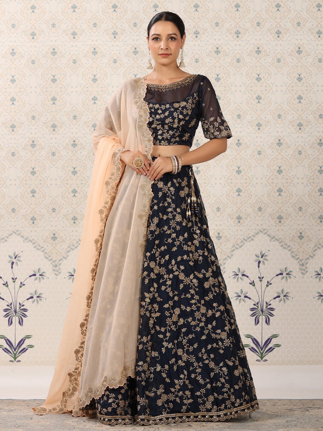 

Ode by House of Pataudi Embroidered Semi-Stitched Lehenga & Unstitched Blouse With Dupatta, Navy blue