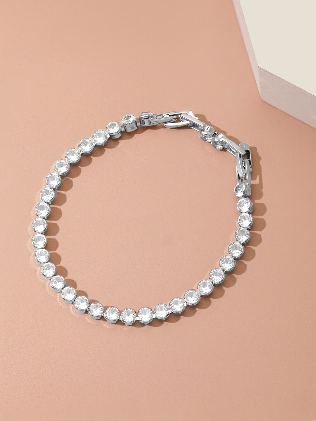 

Rubans Voguish Women Brass Cubic Zirconia Rhodium-Plated Link Bracelet, Silver