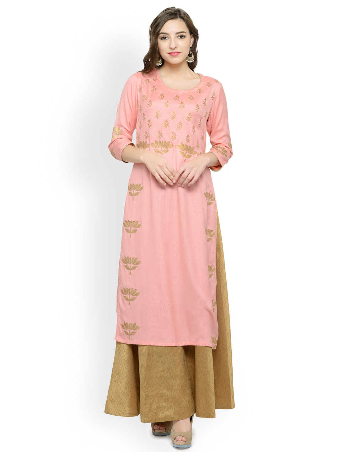 

Bitterlime Women Peach-Coloured Block Print Straight Kurta