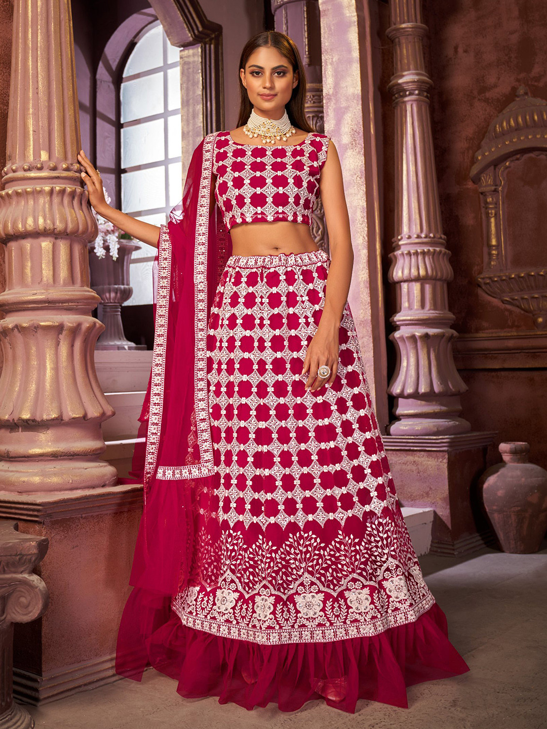 

Sangria Embroidered Thread Work Net Semi Stitched Lehenga Choli With Dupatta, Pink