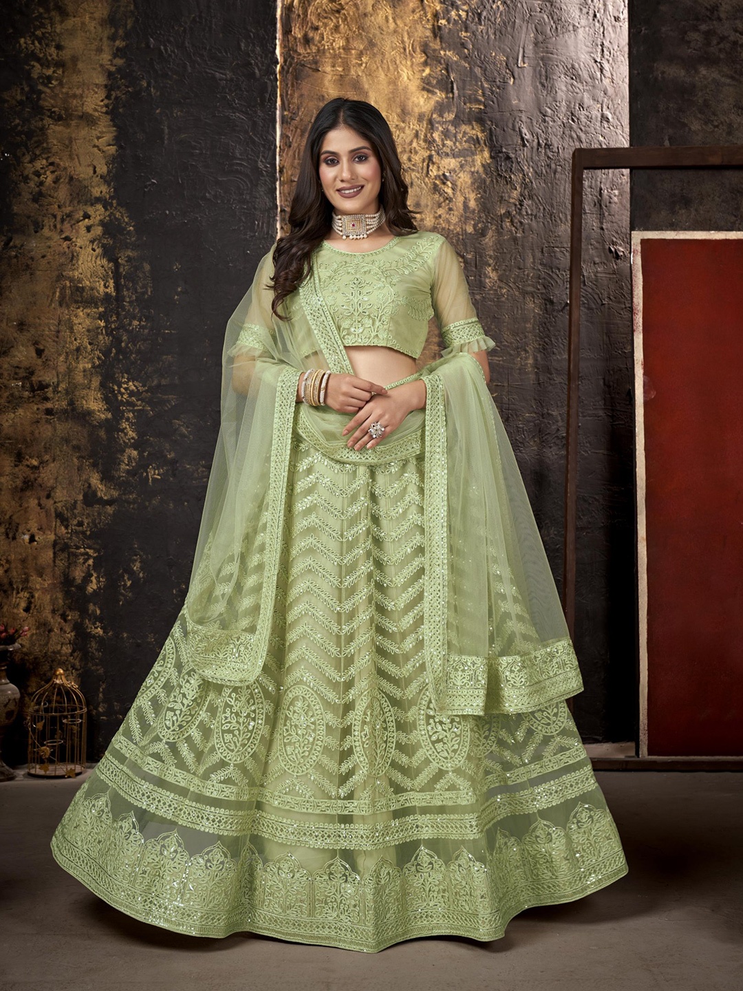 

Sangria Embroidered Sequinned Net Semi Stitched Lehenga Choli With Dupatta, Green