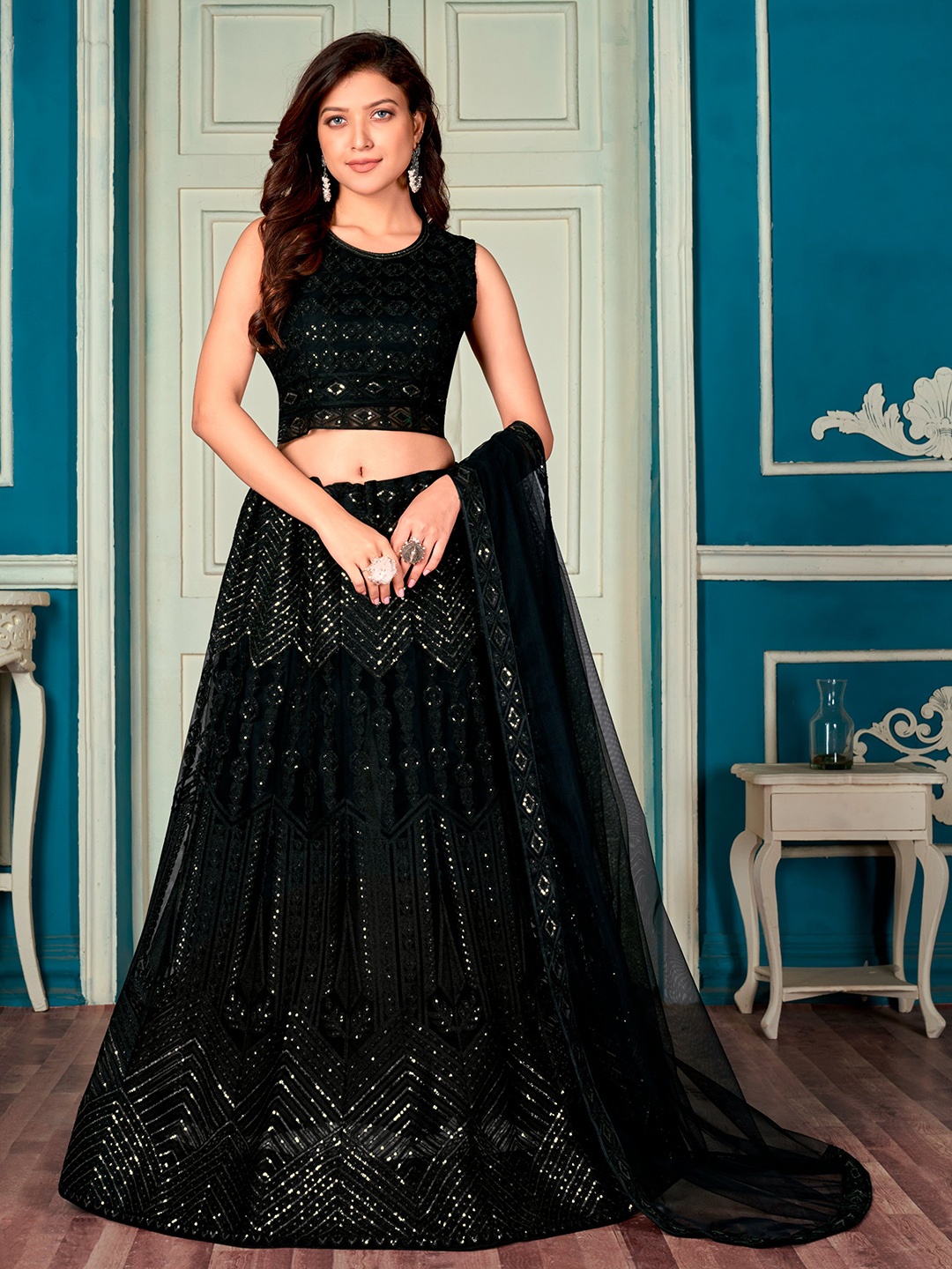 

Sangria Embroidered Sequinned Net Semi Stitched Lehenga Choli With Dupatta, Black
