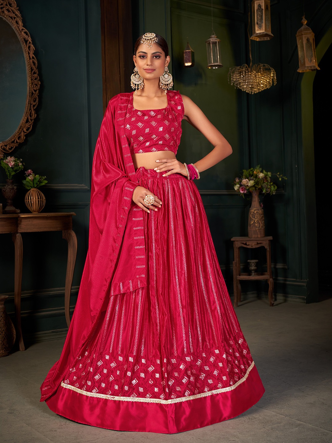 

Sangria Embroidered Semi Stitched Lehenga Choli with Dupatta, Red