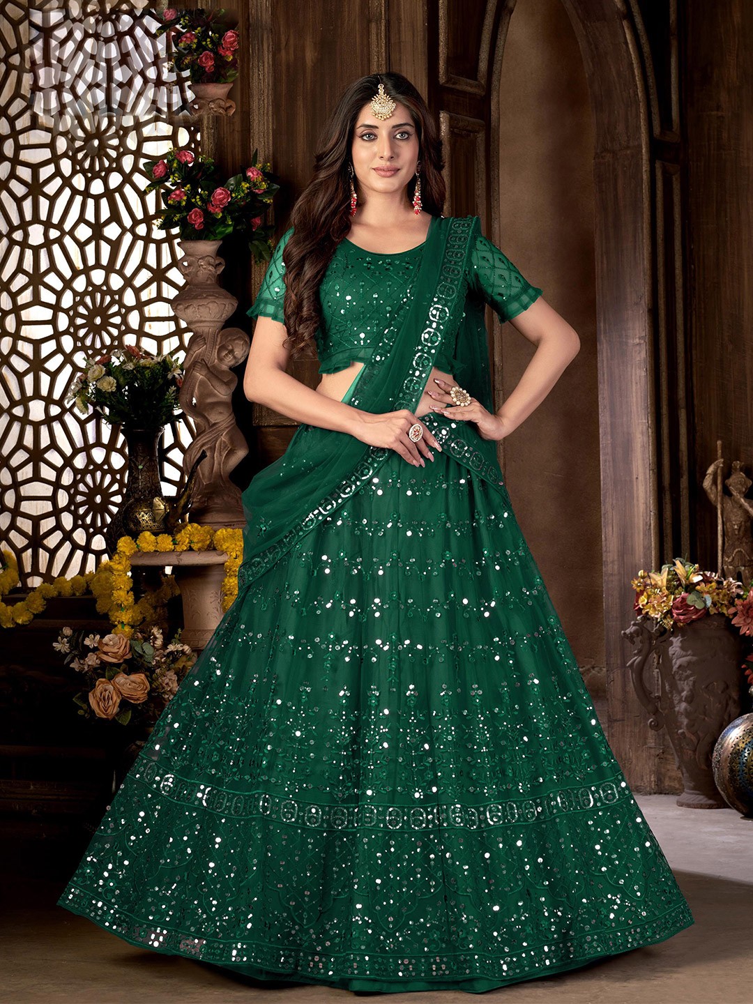 

Sangria Net Sequinned Embroidered Semi Stitched Lehenga Choli with Dupatta, Green