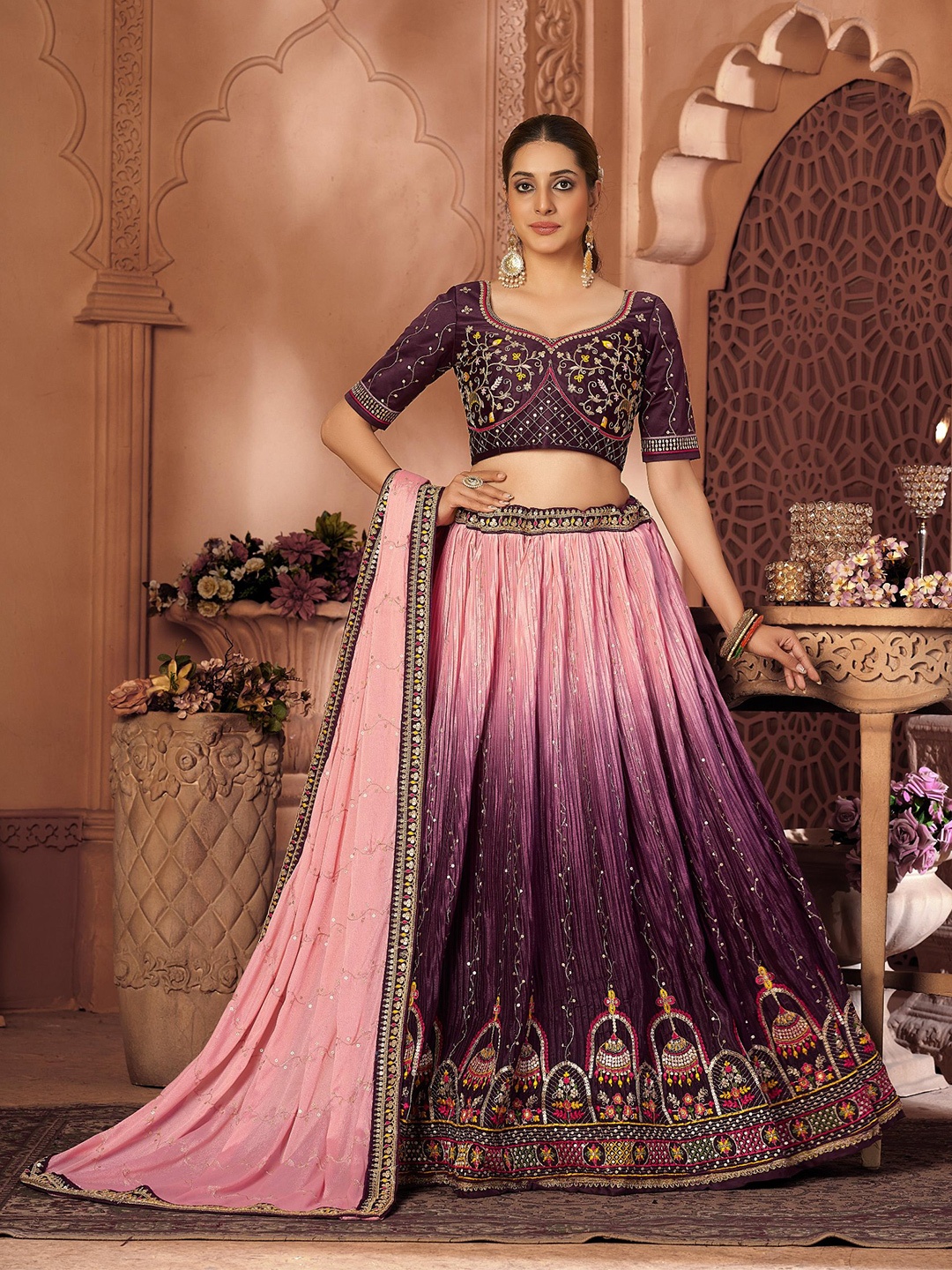 

Sangria Sequence & Thread Embroidery Semi Stitched Lehenga Choli & Dupatta, Purple