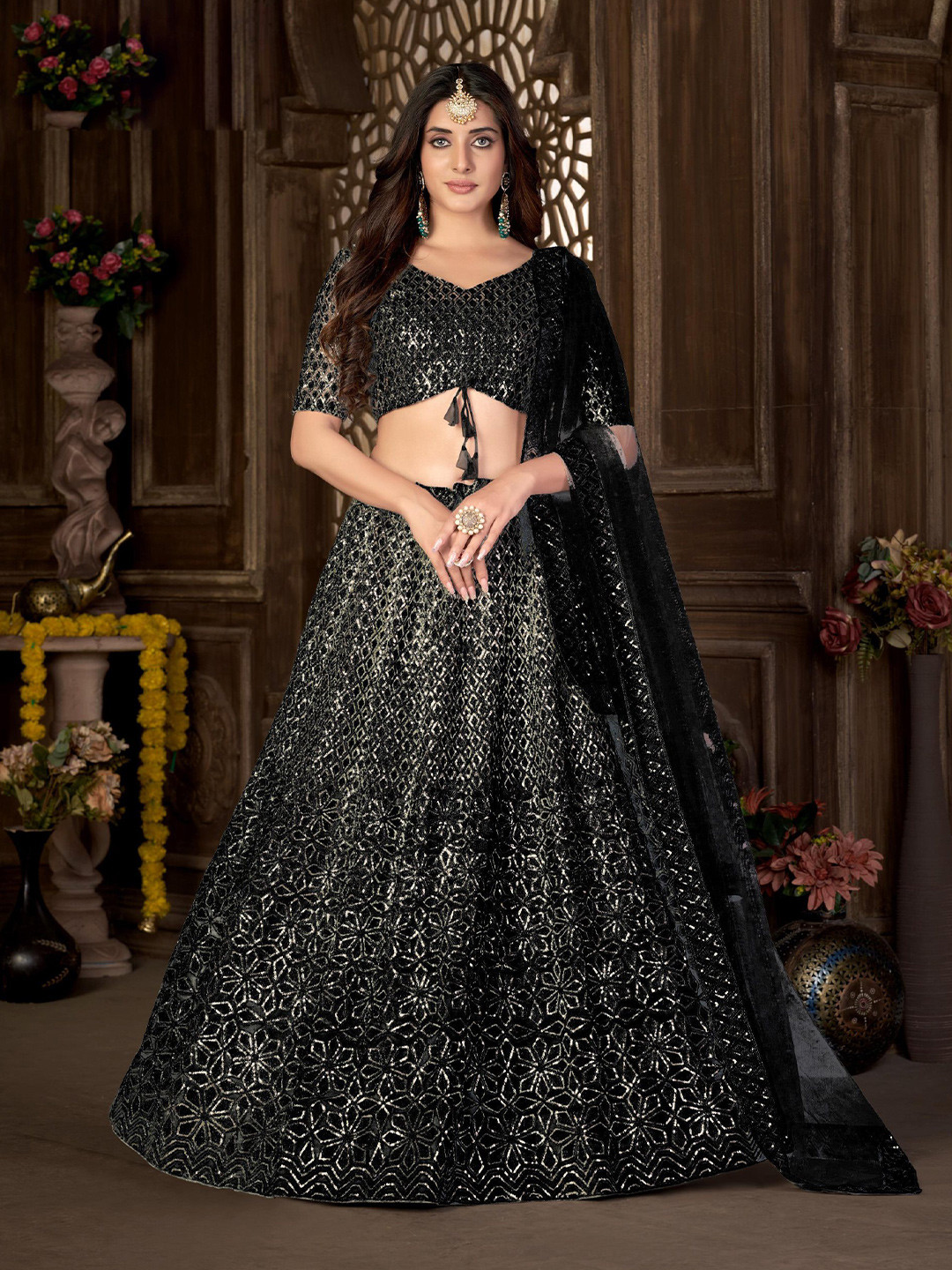 

Sangria Sequeinned Embroidered Semi Stitched Lehenga Choli & Dupatta, Black