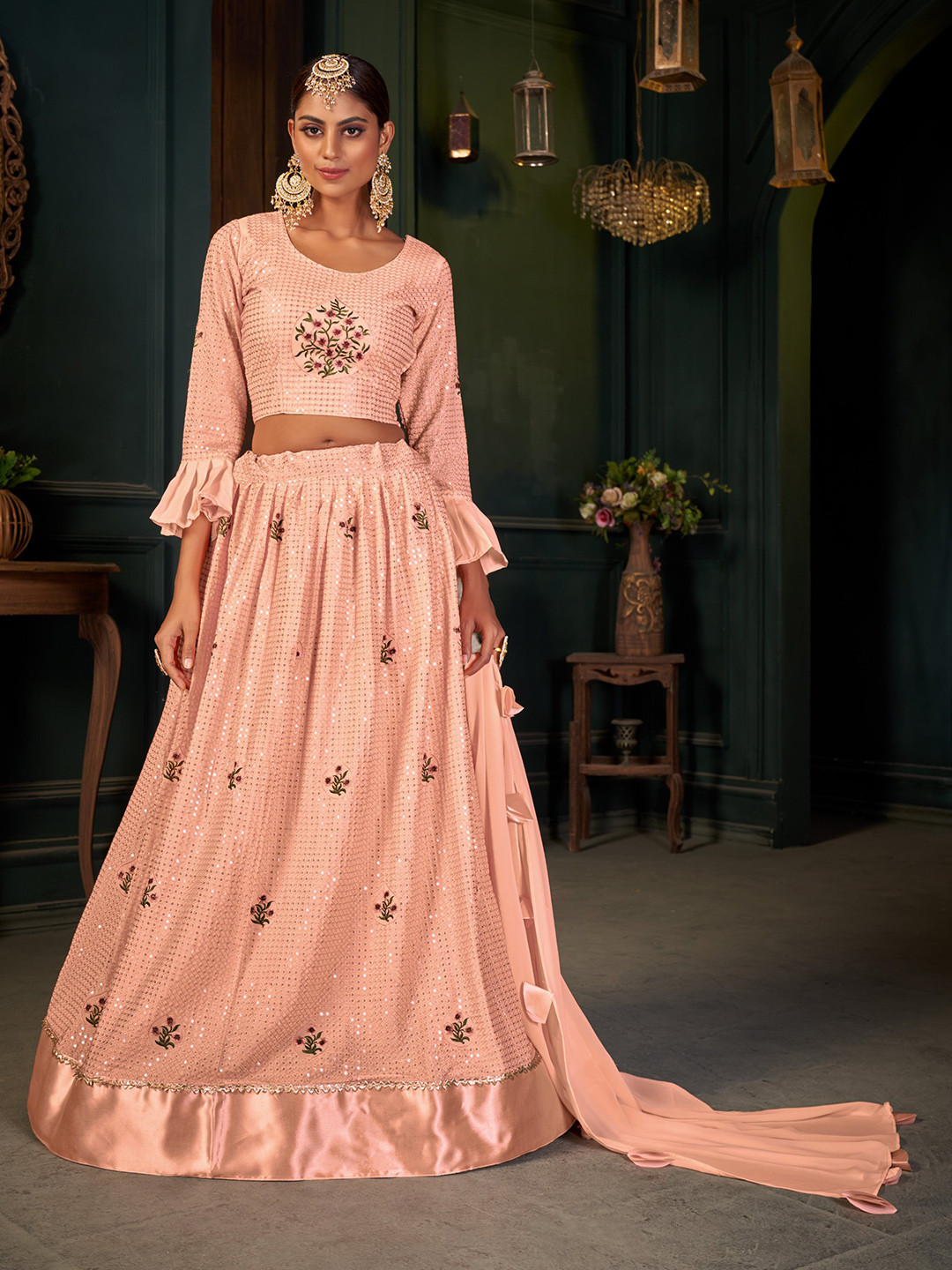 

Sangria Sequinned Embroidered Semi Stitched Lehenga Choli With Dupatta, Peach