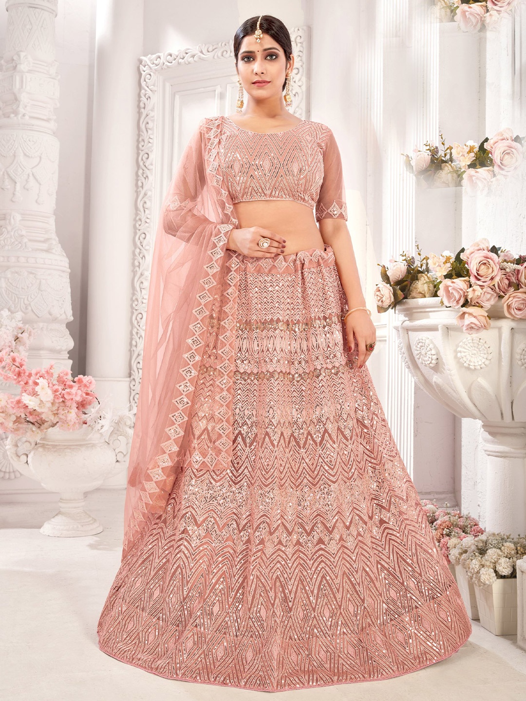 

Sangria Sequinned Embroidered Semi Stitched Lehenga Choli With Dupatta, Peach