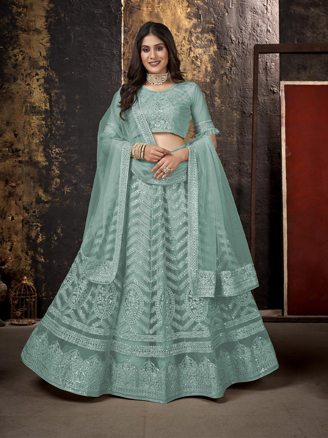 

Sangria Embroidered Sequinned Semi Stitched Lehenga Choli With Dupatta, Blue