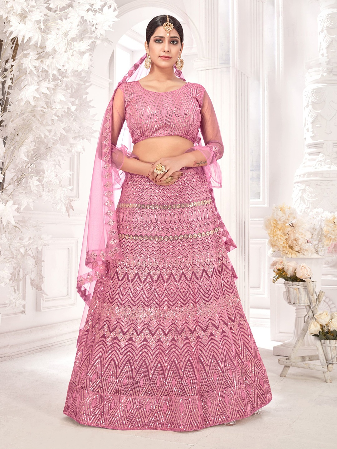 

Sangria Embroidered Sequinned Semi Stitched Lehenga Choli With Dupatta, Pink