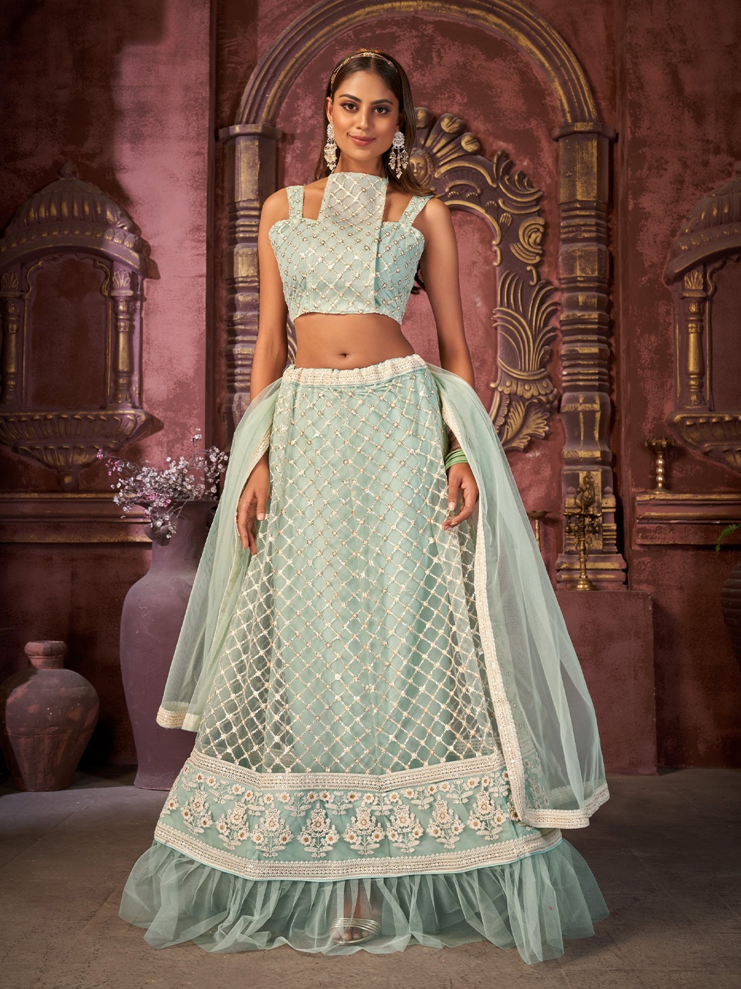 

Sangria Net Embroidered Semi Stitched Lehenga Choli with Dupatta, Blue