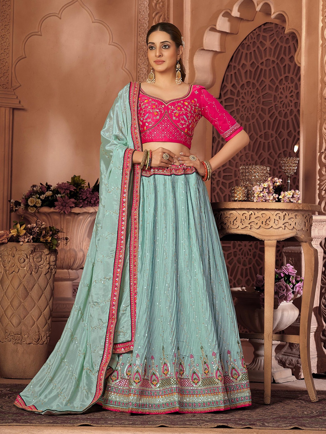 

Sangria Embroidered Sequenned Semi Stitched Lehenga Choli & Dupatta, Blue