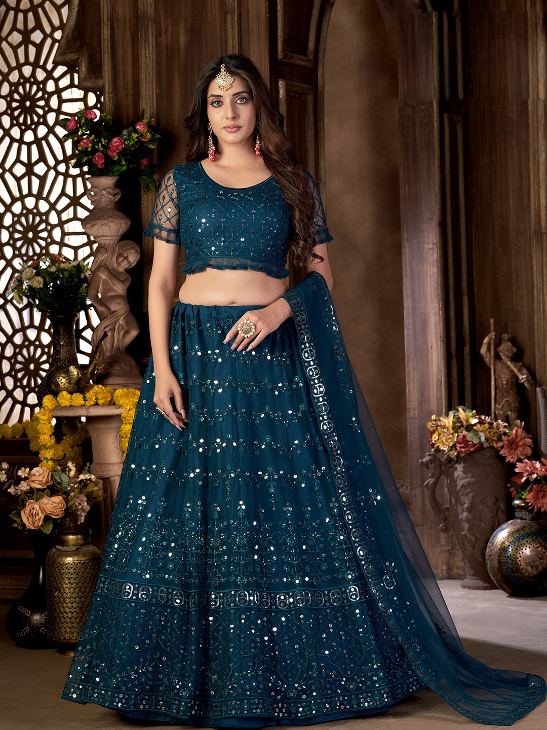 

Sangria Embroidered Sequenced Semi Stitched Lehenga Choli With Dupatta, Teal