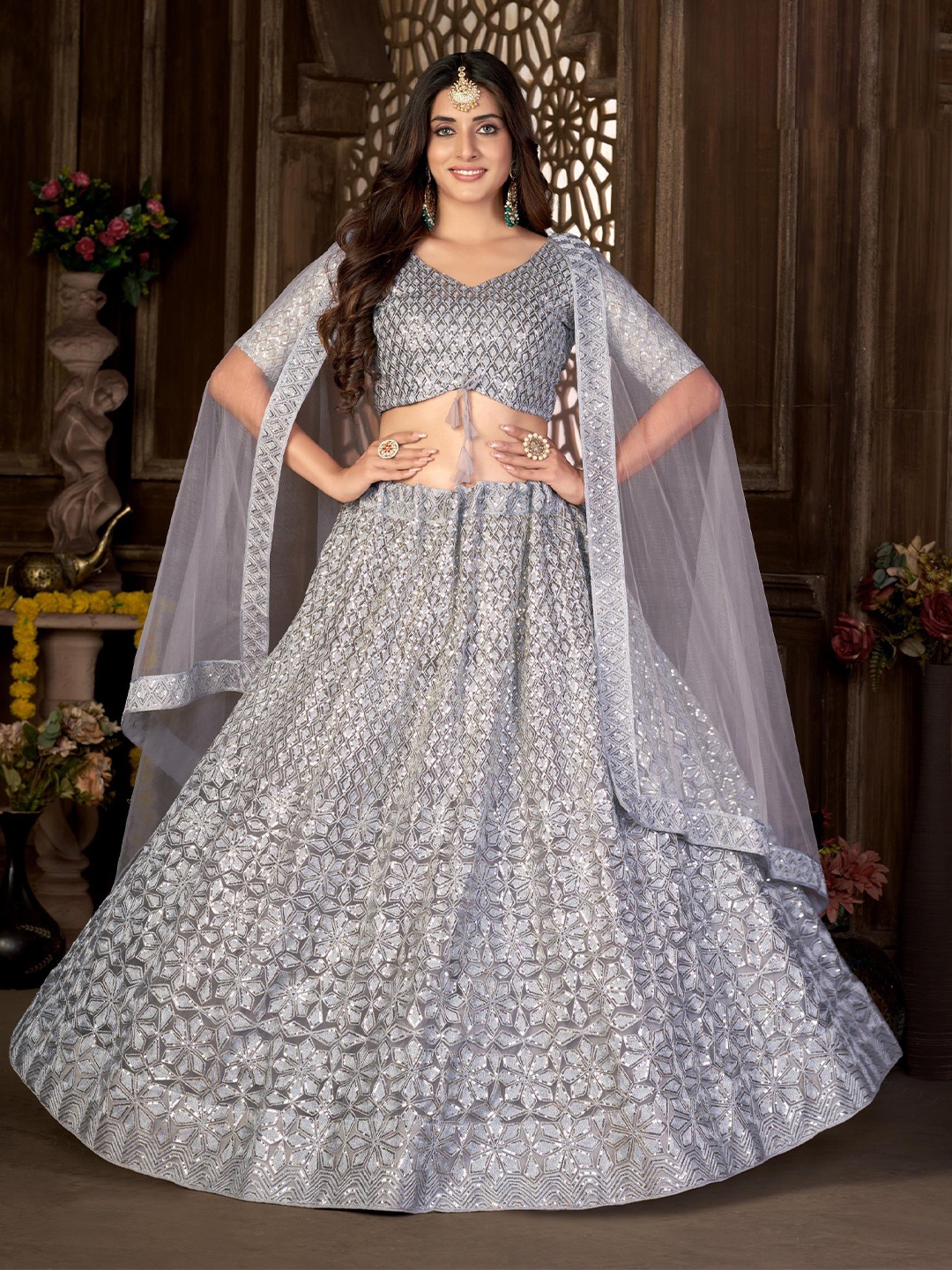 

Sangria Embroidered Sequenced Semi Stitched Lehenga Choli & Dupatta, Grey