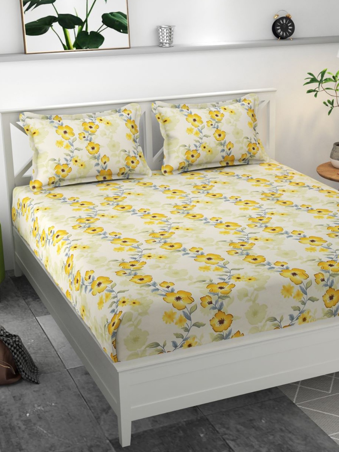 

Bajo's White & Yellow Floral Cotton Fitted 300 TC Queen Bedsheet With 2 Pillow Covers