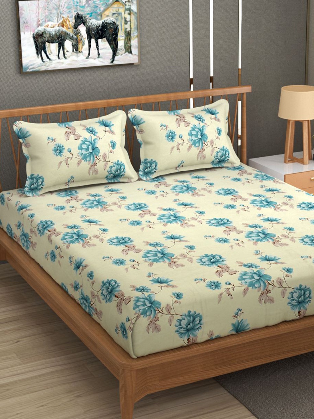 

Bajo's Yellow & Blue Floral Cotton Fitted 300 TC Queen Bedsheet With 2 Pillow Covers