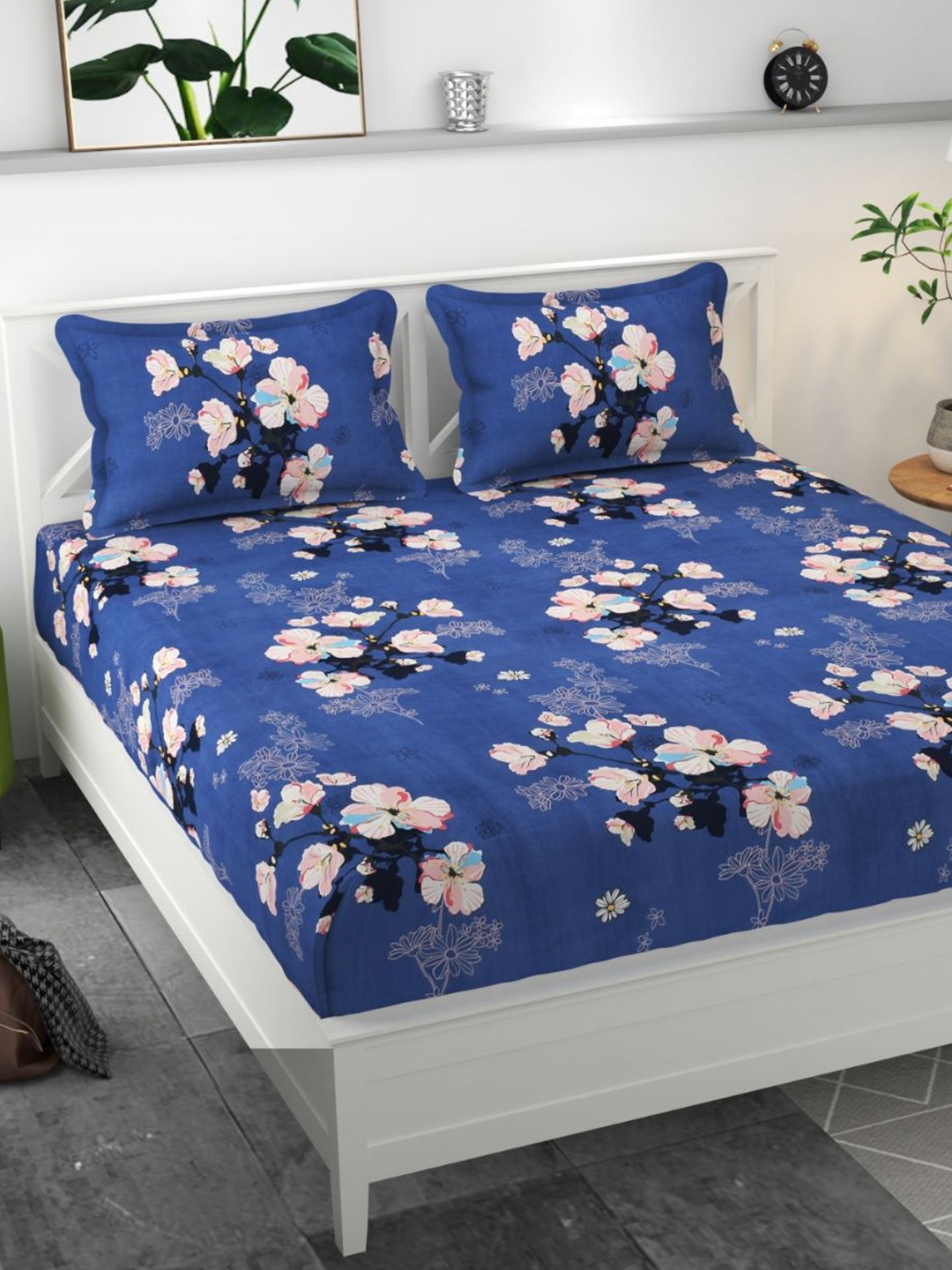 

Bajo's Blue & Peach-Coloured Floral Fitted 300 TC Queen Bedsheet With 2 Pillow Covers