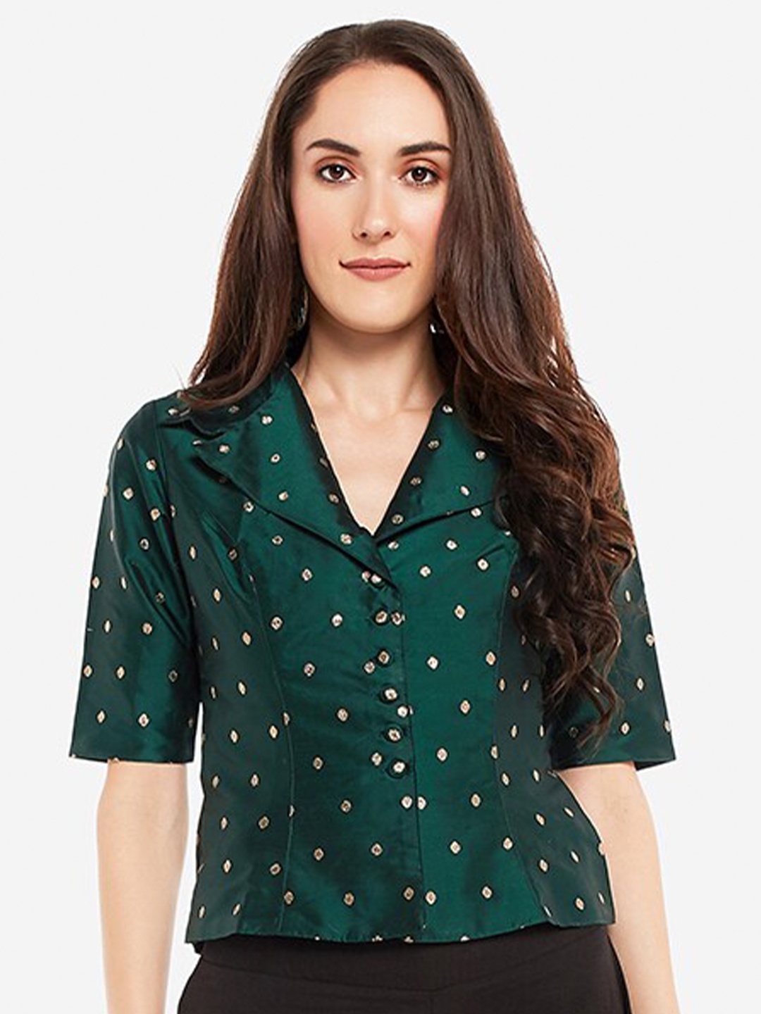 

Desi Weavess Self Design Polka Dots Lapel Collar Shirt Style Top, Green