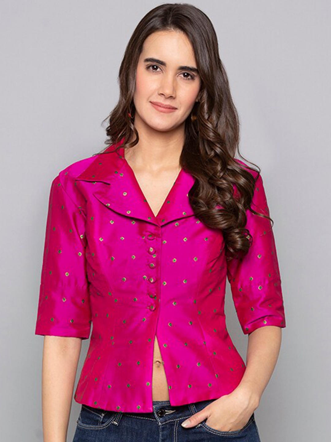 

Desi Weavess Self Design Polka Dots Lapel Collar Shirt Style Top, Pink