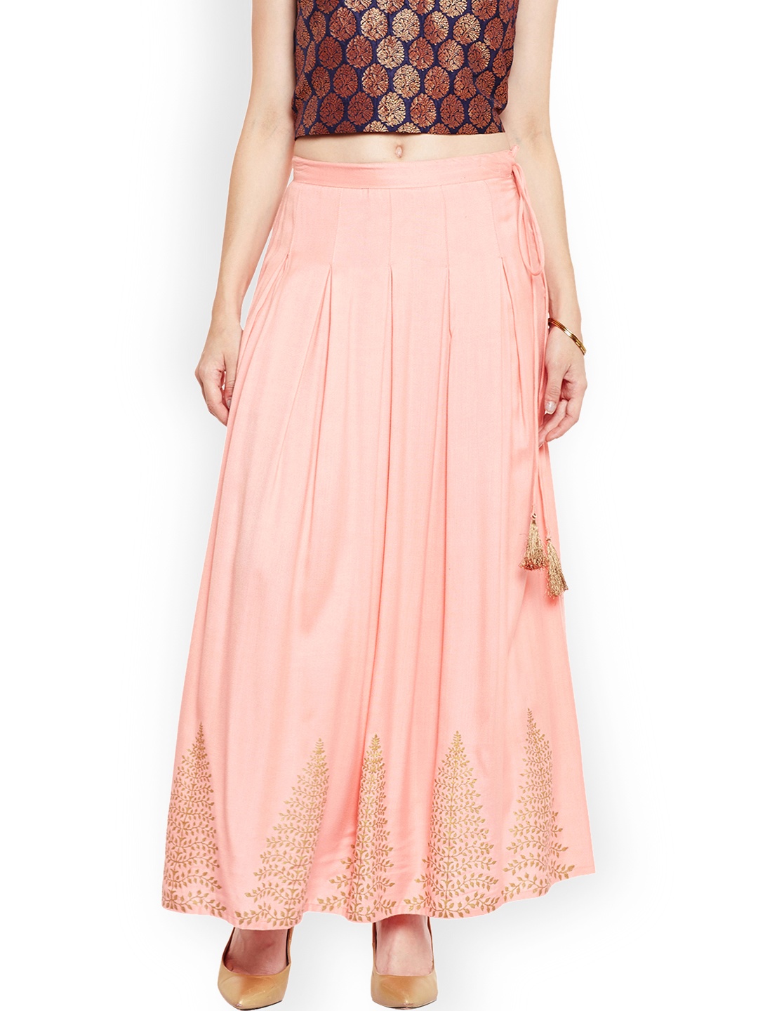 

Bitterlime Women Peach-Coloured Block Print Pleated Skirt