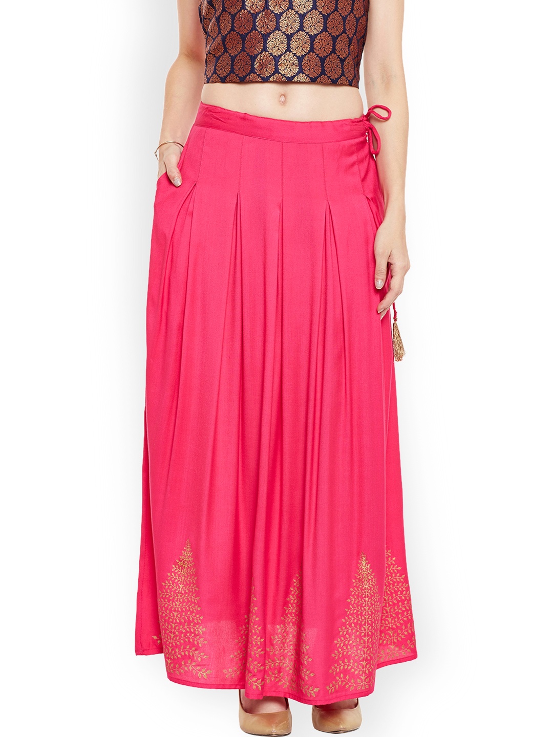 

Bitterlime Women Pink Block Print Pleated Skirt