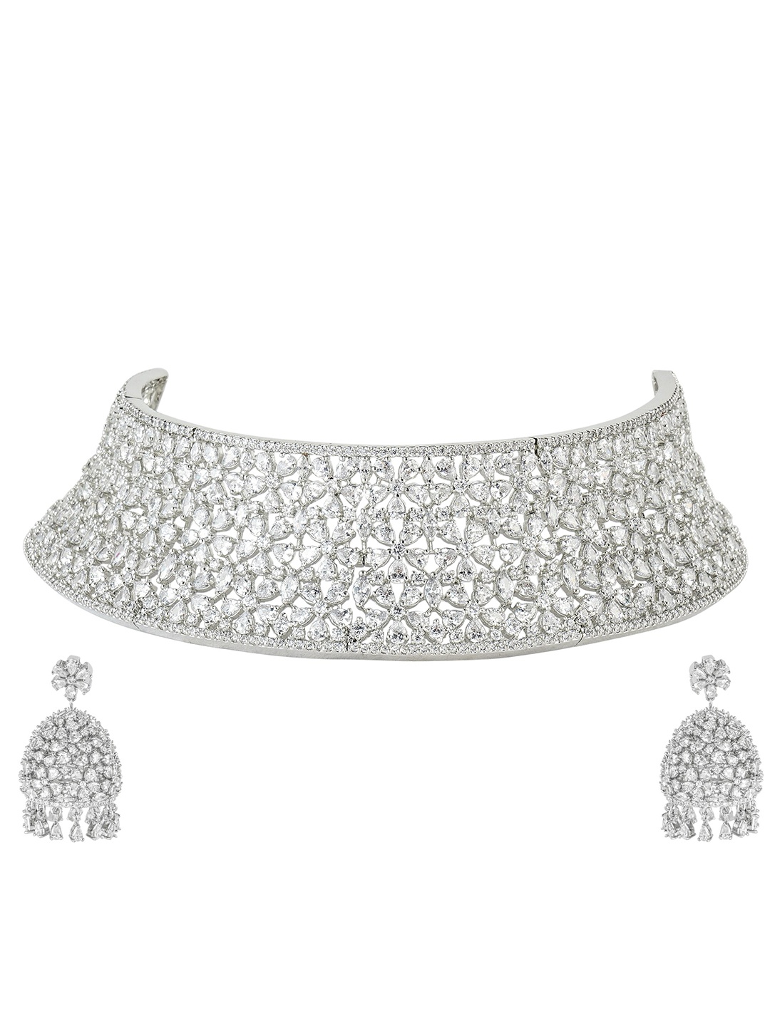 

AURAA TRENDS Rhodium Plated AD Studded Zircon Necklace Set, Silver