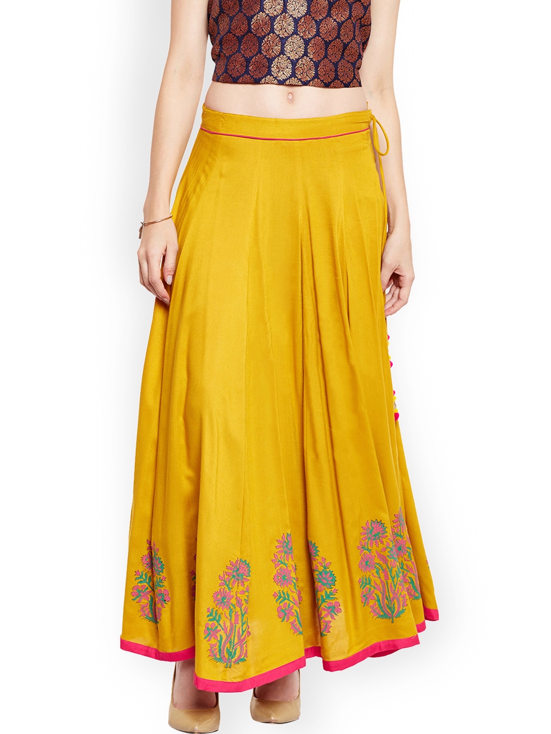 

Bitterlime Mustard Yellow Block Printed Kalidar Skirt