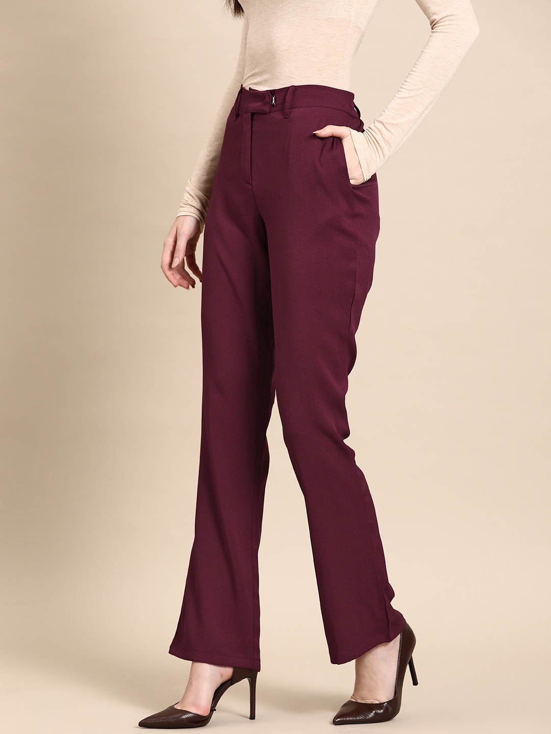

DENNISON Smart Straight Fit High-Rise Trousers, Maroon