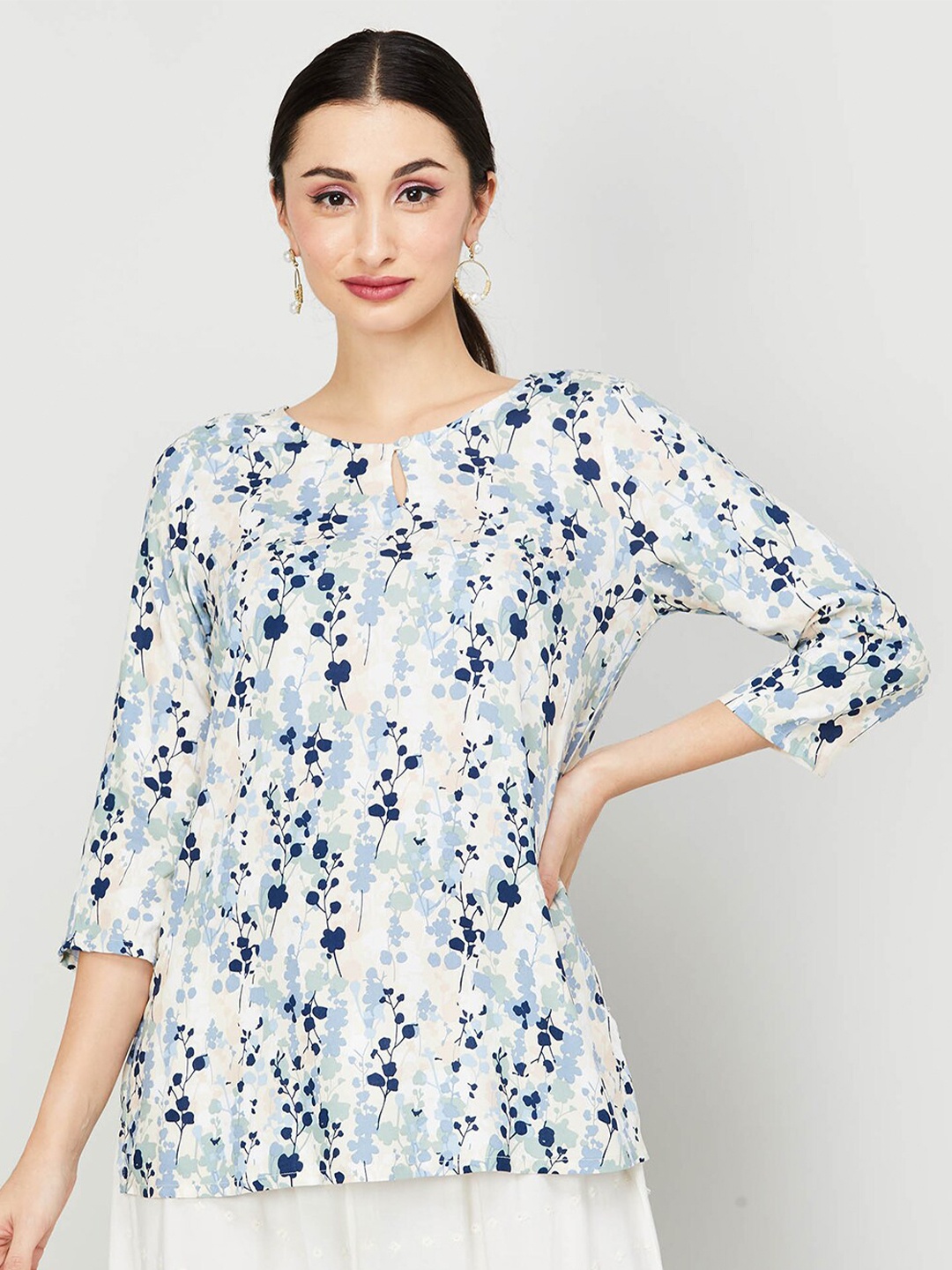 

Melange by Lifestyle Floral Printed Keyhole Neck Kurti, Off white