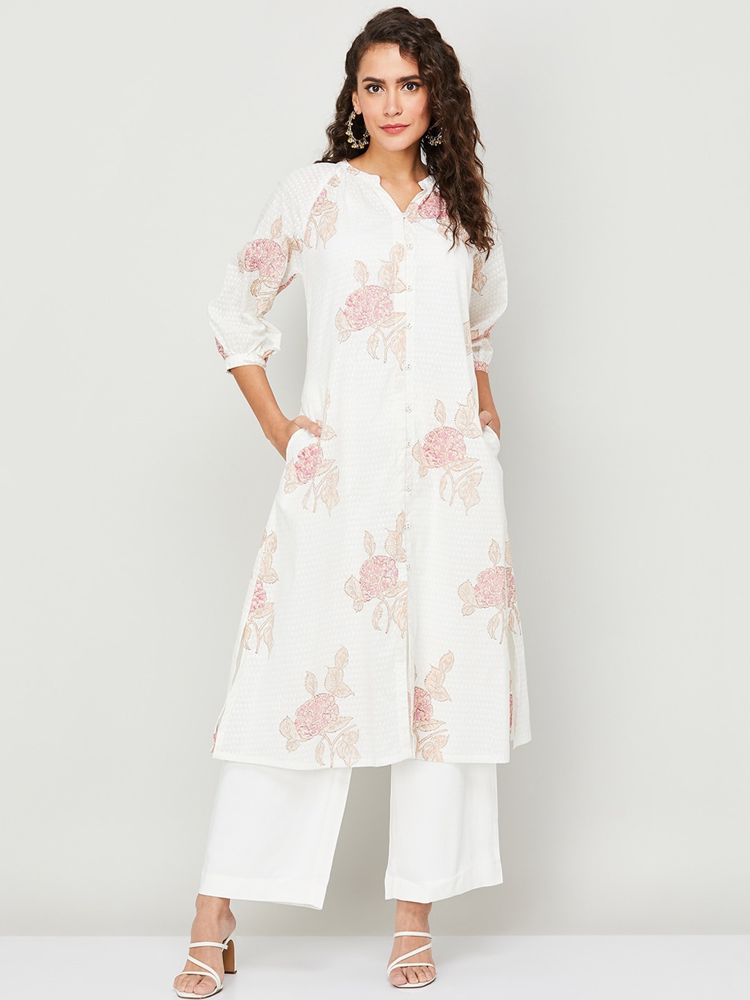 

Melange by Lifestyle Floral Printed Pure Cotton Straight Kurta, Off white